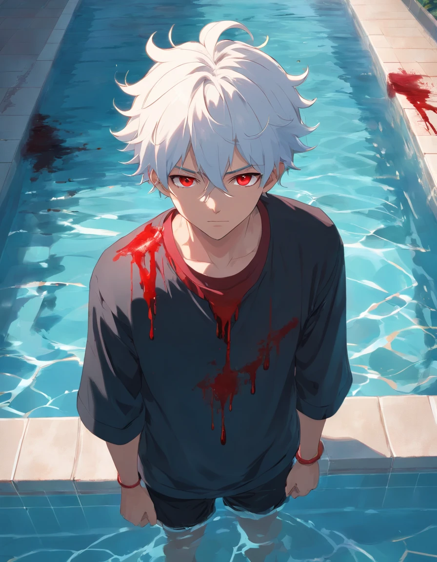 A young teenage man with large, curly white hair with red eyes black clothes with blood on top of a pool of blood with bodies