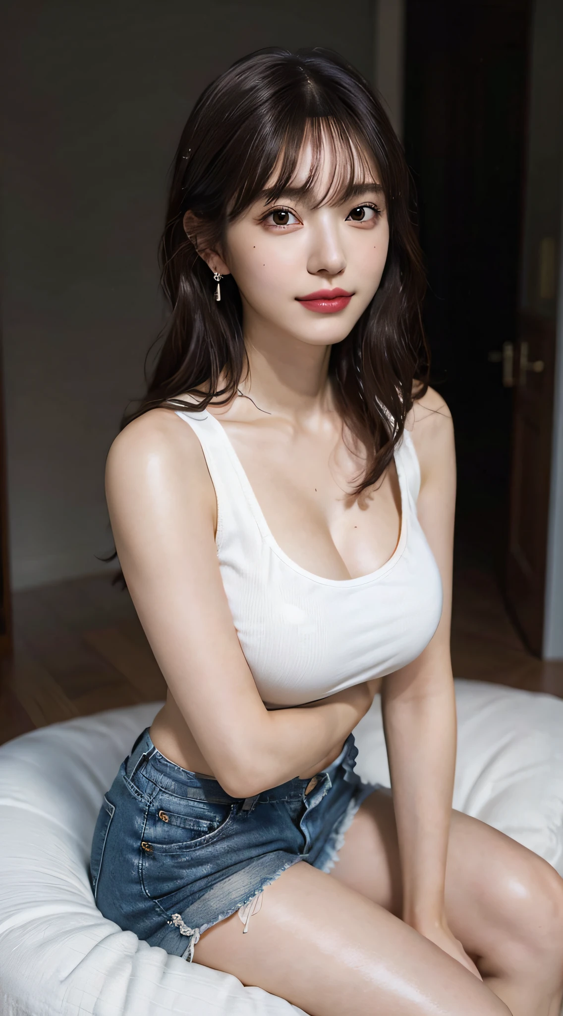 (very huge round breasts:1.6), (full body:1.3), (white bronze hair:1.3), extremely delicate and beautiful, masterpiece, Best Quality, ultra high resolution, 16k, Photorealistic, ultra-detailed, Very detailed CG 8k wallpaper, Beautiful Lighting, Perfect Lightning, Realistic Shadows, anatomically correct, Detailed shiny skin, perfect figure, Latino, late 20s, Slim body, Slim abdomen, small head, handsome detailed woman, very detailed eyes and face, realistic face proportions, Stunning detailed eyes, Realistic small beautiful face, Realistic small beautiful eyes, double eyelids, makeup, tearful mole, mole on chest, earring, short wavy hair, cleavage, bare legs, Soft midriff, Fine Collarbone, beautiful and very thin legs, beautiful and very thin thighs, bare shoulders, bare legs, t-shirt in small shorts, wet,
