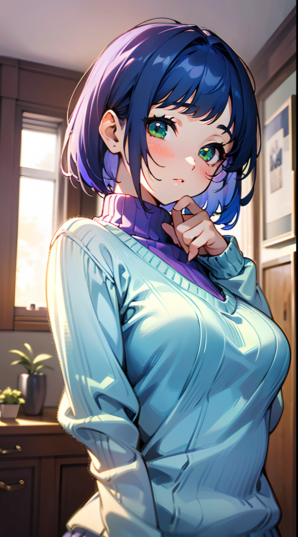 (best quality,4k,8k,highres,masterpiece:1.2),cute girl,girl's bedroom,glossy navy blue hair,short straight hair,green eyes,dull bangs,medium-sized breasts,purple knit sweater,white collar on the sweater,upper body