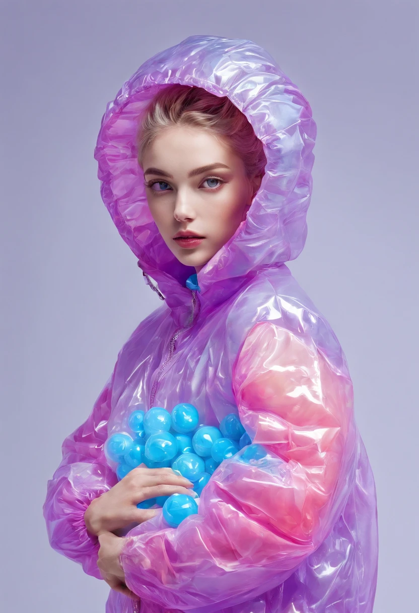 editorial fashion, woman, weird fashion, vibrant, plastic bag, bubble, big jacket, striking pose, harsh lighting, perfect composition, symmetry, detailed