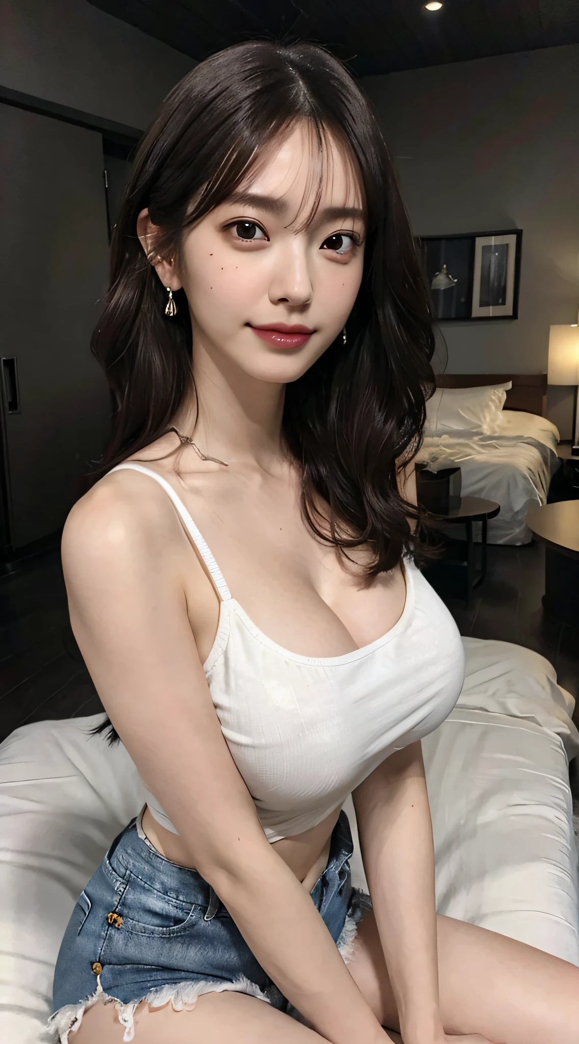 (very huge round breasts:1.6), (full body:1.3), (white bronze hair:1.3), extremely delicate and beautiful, masterpiece, Best Quality, ultra high resolution, 16k, Photorealistic, ultra-detailed, Very detailed CG 8k wallpaper, Beautiful Lighting, Perfect Lightning, Realistic Shadows, anatomically correct, Detailed shiny skin, perfect figure, Latino, late 20s, Slim body, Slim abdomen, small head, handsome detailed woman, very detailed eyes and face, realistic face proportions, Stunning detailed eyes, Realistic small beautiful face, Realistic small beautiful eyes, double eyelids, makeup, tearful mole, mole on chest, earring, short wavy hair, cleavage, bare legs, Soft midriff, Fine Collarbone, beautiful and very thin legs, beautiful and very thin thighs, bare shoulders, bare legs, t-shirt in small shorts, wet,