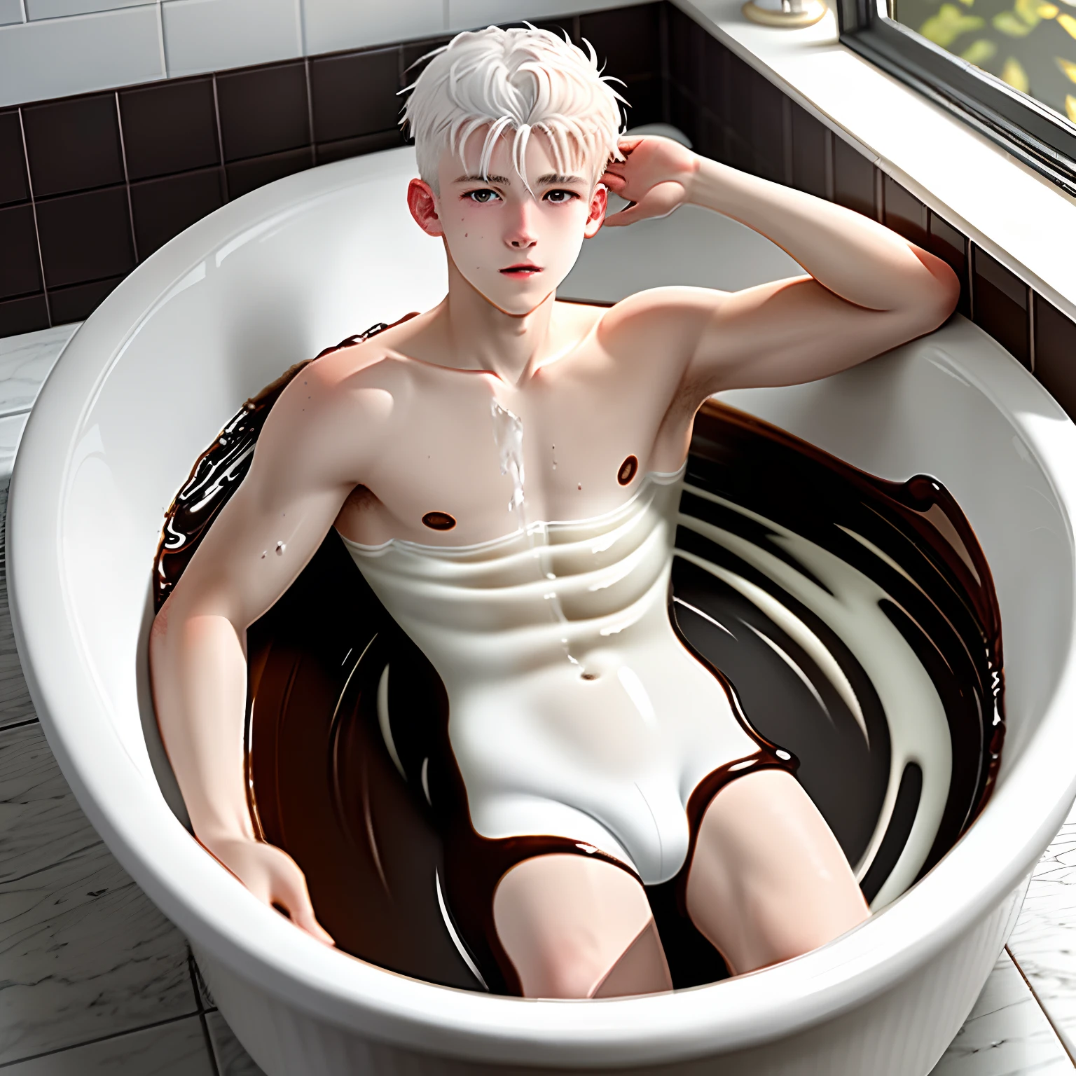 White-haired -yeld boying naked in a bathtub filled with chocolate sauce