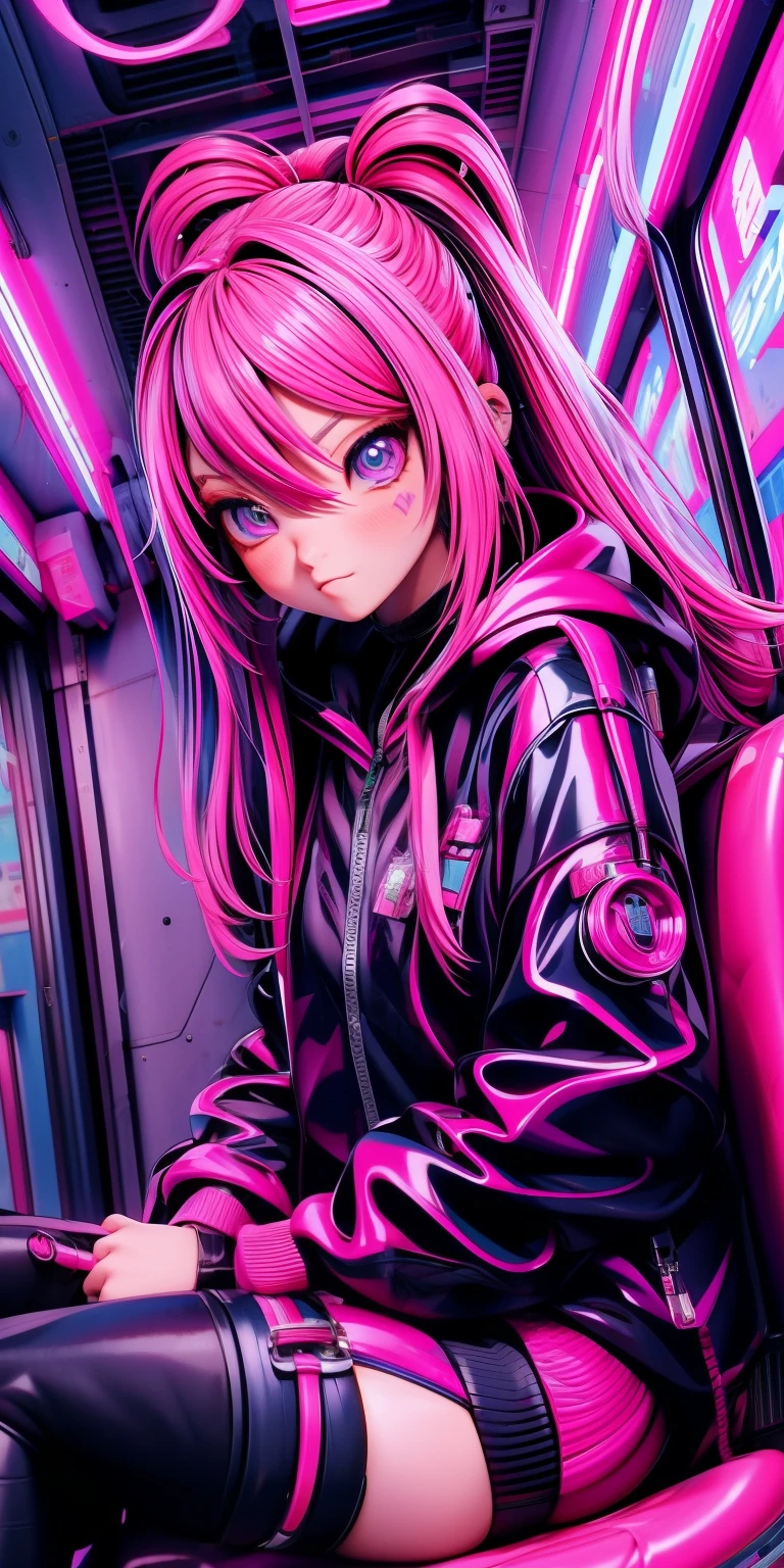 anime girl with pink hair sitting inside a train, cyberpunk anime girl in hoodie, cyberpunk anime girl, anime style 4 k, anime cyberpunk art, best anime 4k konachan wallpaper, digital cyberpunk anime art, female cyberpunk anime girl, digital cyberpunk - anime art, cyberpunk anime art, anime cyberpunk, cyberpunk streetwear, cyberpunk art style, poser