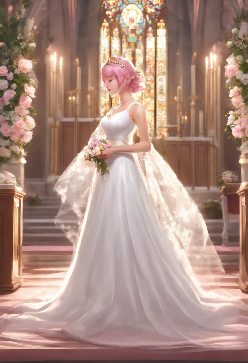 Sakura Haruno, ((Solo)), Alone, Bride, Wearing a white wedding dress, queen, cheerfulness, ((The forehead to display)), standing, Enter the church, Pink hair, Short hair, Delicate, Young, Short hair, Detailed face, High definition, ((full bodyesbian)), (Flowers around her), full bodyesbian, She is a beautiful woman to marry, face with high quality, Beautiful, Radiant