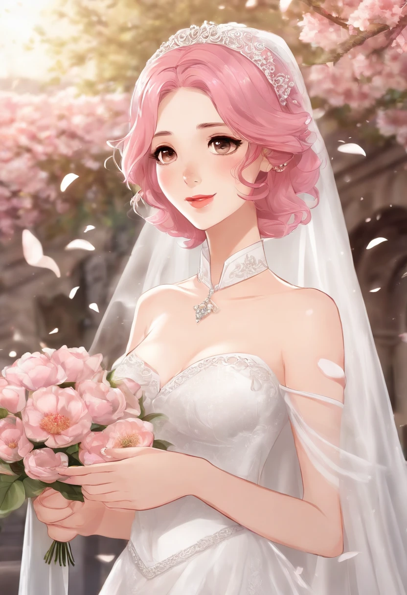 Sakura Haruno, ((Solo)), Alone, Bride, Wearing a white wedding dress, queen, cheerfulness, ((The forehead to display)), standing, Enter the church, Pink hair, Short hair, Delicate, Young, Short hair, Detailed face, High definition, ((full bodyesbian)), (Flowers around her), full bodyesbian, She is a beautiful woman to marry, face with high quality, Beautiful, Radiant