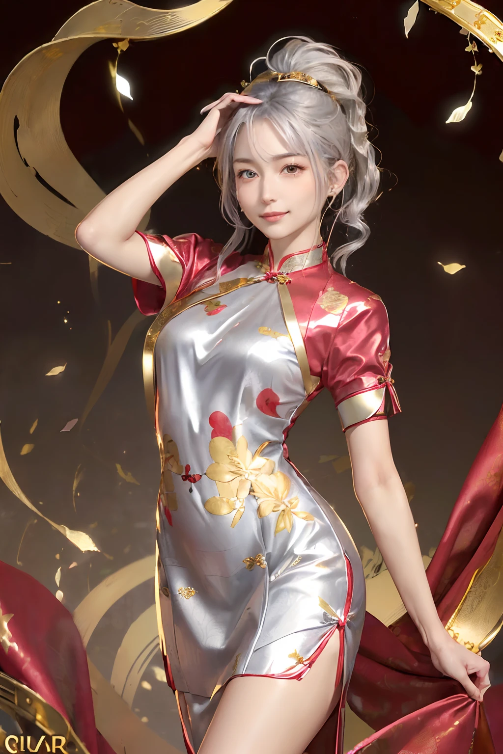 ((top-quality、8K、​masterpiece:1.3)), (Cute pattern in gold leaf,  Delicate workmanship, Red shiny cloth, qipao dress:1.5), Clear, Fine-grained skin、Beautiful clear eyes、cleavage of the breast、Carefree and natural smile、(Longhaire,Silver hair:1.5)、(Hair disheveled in the wind:1.3)、、Beautiful girl with a smile、(thin-waist:1.3)、(Dynamic and provocative poses:1.2)、