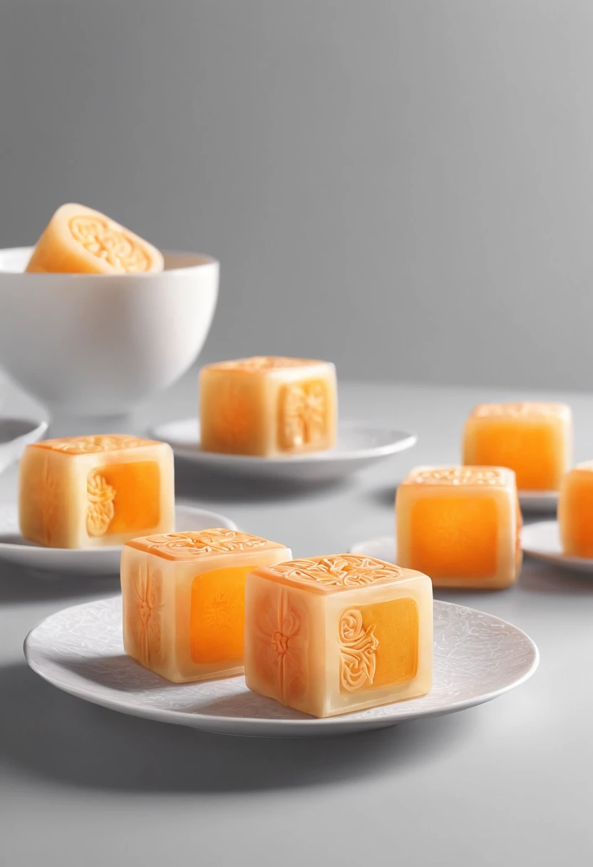 Food advertising,Transparent mooncakes,3D rendering of,Gladine Translucent glass melt, Orange gradient background, Right full model isometric view, White background 8k, HD --ar 3:4 --s 750