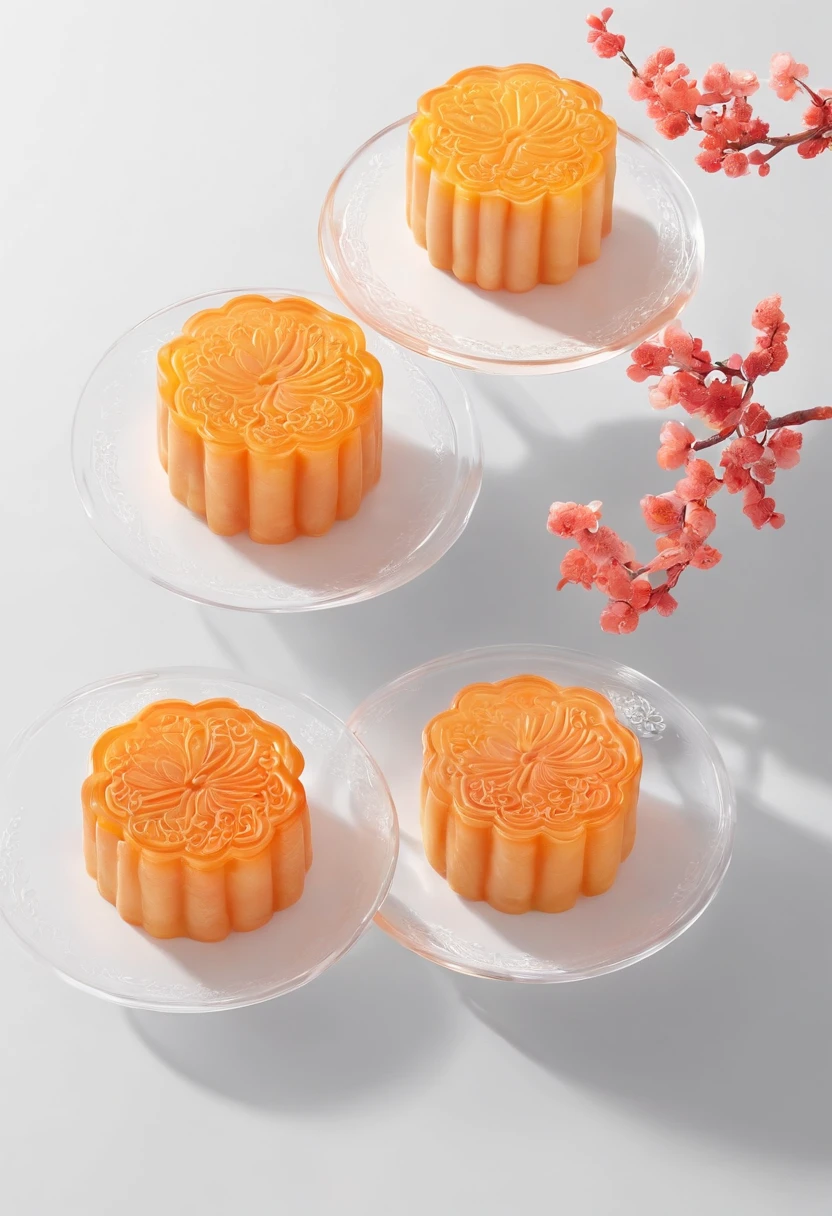 Food advertising，Transparent mooncakes,3D rendering of,Gladine Translucent glass melt, Orange gradient background, Right full model isometric view, White background 8k, HD --ar 3:4 --s 750