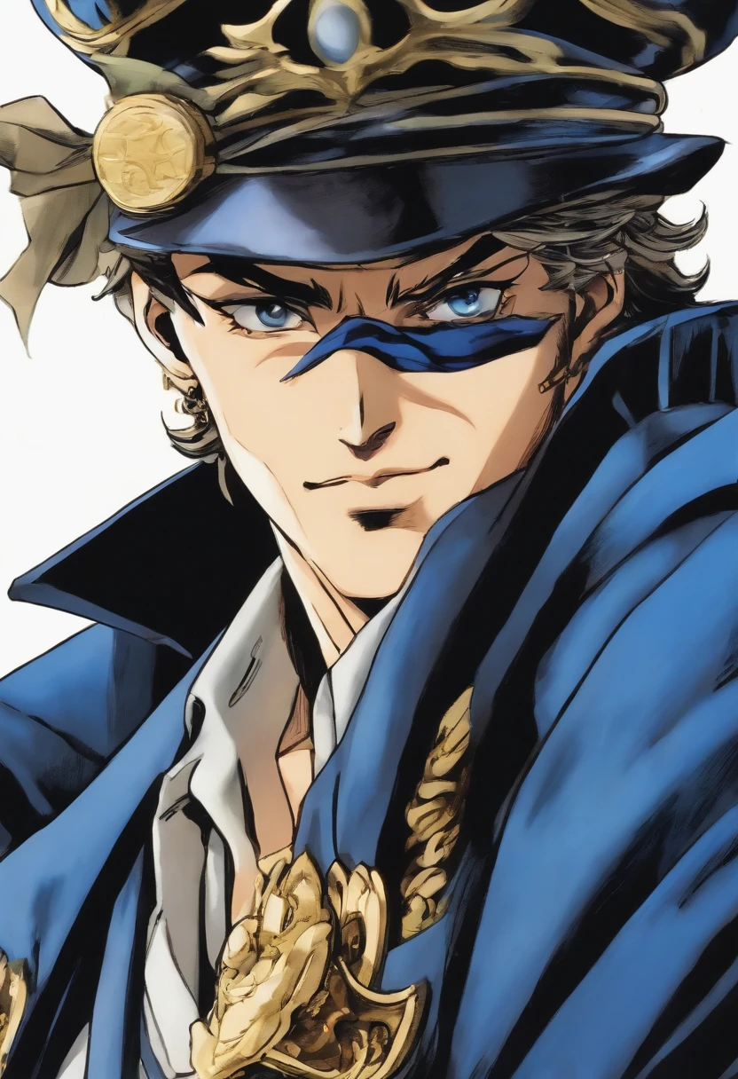 (Jotaro Kujo) The style of Hiroyo Araki,zoom in on face, focus onface, Blue highlights,view the viewer, aquarelle, Manga, Noble youth, jojo's bizzare adventure