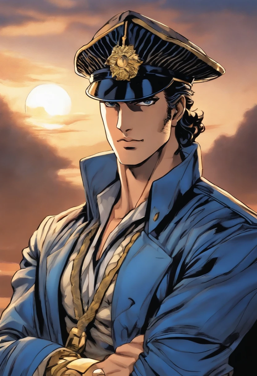 (Jotaro Kujo) The style of Hiroyo Araki,zoom in on face, focus onface, Blue highlights,view the viewer, aquarelle, Manga, Noble youth, jojo's bizzare adventure
