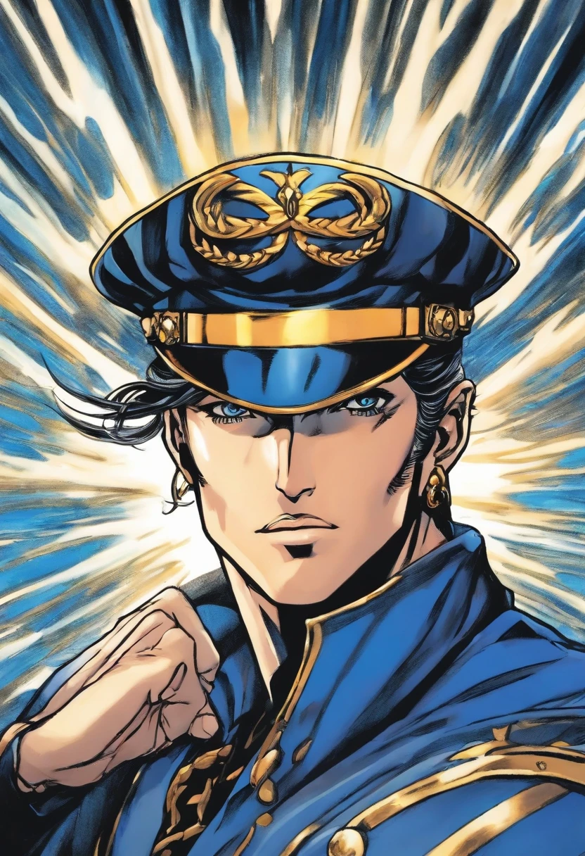 (Jotaro Kujo) The style of Hiroyo Araki,zoom in on face, focus onface, Blue highlights,view the viewer, aquarelle, Manga, Noble youth, jojo's bizzare adventure