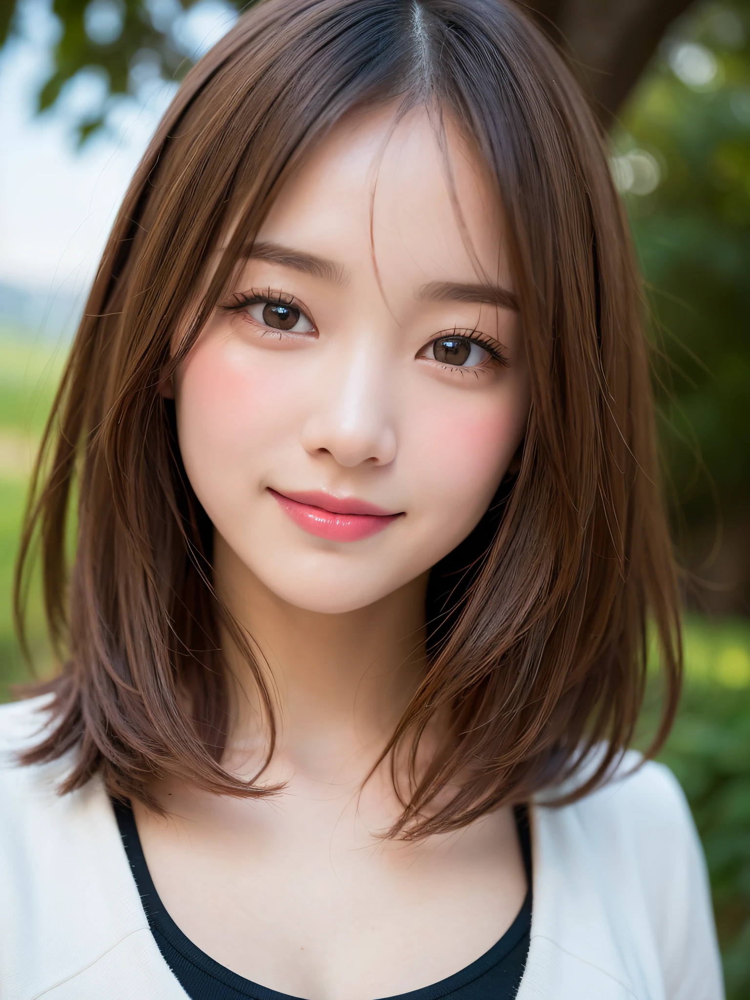 masutepiece, Best Quality, Ultra-detailed, finely detail, hight resolution, 8K, Perfect dynamic composition,((with blush cheeks))、Japan 18-year-old woman、 Beautiful detailed eyes, Medium short hair, Natural Color Lip,Colossal tits、Troubled smile、bangss、Looking here、up of face、