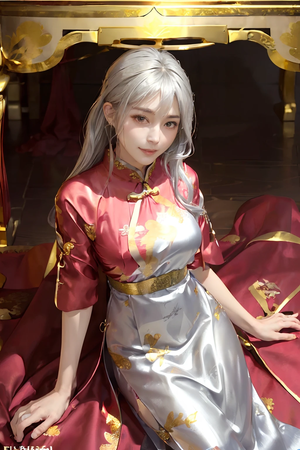 ((top-quality、8K、masterpiece:1.3)), (Cute pattern of gold leaf, Delicate workmanship, Red shiny cloth, Cheongsam trimmed in black:1.5), Clear, Fine-grained skin、Beautiful clear eyes、cleavage of the breast、Carefree and natural smile、(Longhaire,Silver hair:1.5)、(Hair disheveled in the wind:1.3)、、Beautiful girl with a smile、(thin-waist:1.3)、(Dynamic and provocative poses:1.2)、