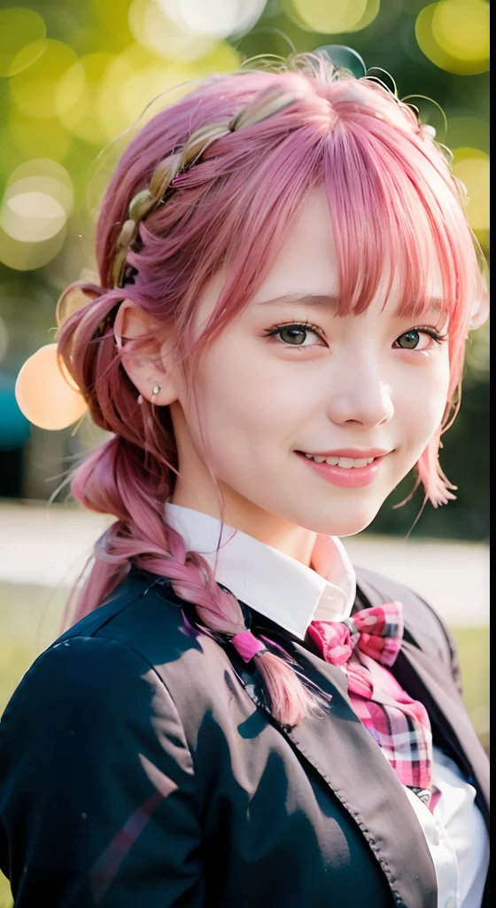 (ultra-detailliert), Tartan check jacket,high-school uniform、Blue eyes,The upper part of the body、a closeup、faces、(A smile:1.5),(facing front:1.2), 20yr old, s girl,no tail,(no tail),2D, masterpiece, top-quality, animesque, A detailed eye, A detailed face, girl with, Only 1 person,Medium hair with pink hair, (Pink hair), Ear Hair, small tits, Single braid, (Single braid), (Side braid), Pink ribbon, Ribbon around the neck, Background bokeh