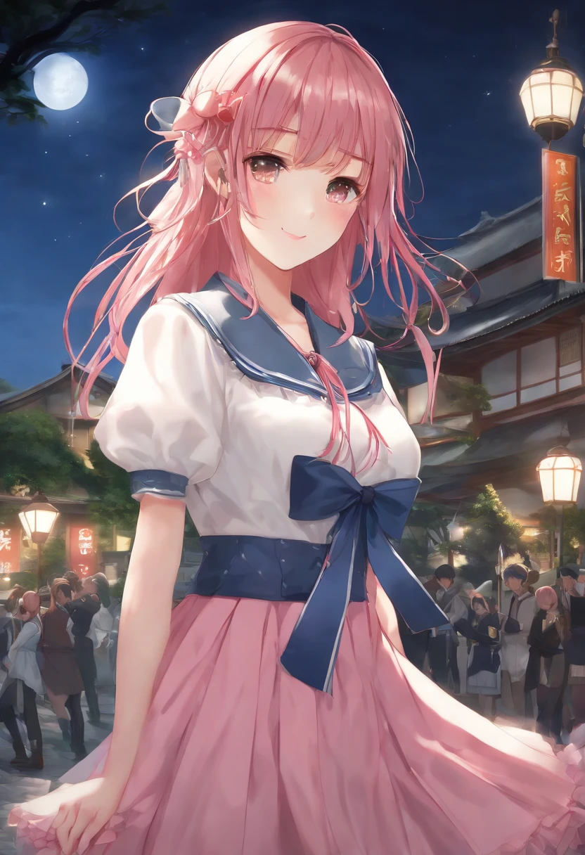 (((Masterpiece: 1.5, Best quality, high resolution: 1.3, Super resolution, Super detail, Super detail: 1.3, Rich background: 1.2))), 1 girl, Solo, Green eyes, Long pink hair with blue ribbon, Blunt bangs, cute hairpin, school uniform, White Serafon, Red sailor collar, Short sleeves, Blue pleated skirt, huge tit；(En plein air), ((Downtown), (crowd), ((Japanese atmosphere: 1.3)), landscape, ((Night)), Darkness, (Low light: 1.1), Moon, (Moonlight: 1.2), ((Dynamic light: 1.4)), ((Head close-up))))))