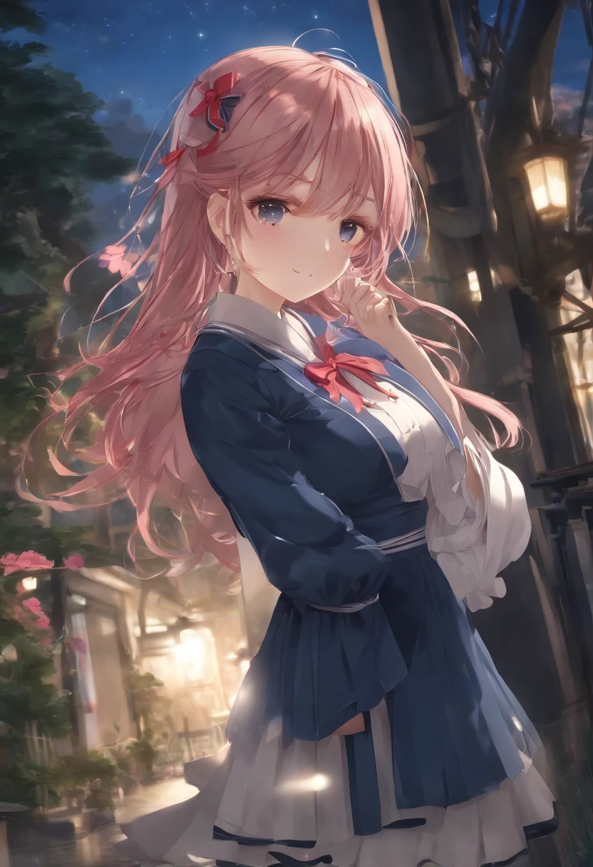(((Masterpiece: 1.5, Best quality, high resolution: 1.3, Super resolution, Super detail, Super detail: 1.3, Rich background: 1.2))), 1 girl, Solo, Green eyes, Long pink hair with blue ribbon, Blunt bangs, cute hairpin, school uniform, White Serafon, Red sailor collar, Short sleeves, Blue pleated skirt, huge tit;(En plein air), ((Downtown), (crowd), ((Japanese atmosphere: 1.3)), landscape, ((Night)), Darkness, (Low light: 1.1), Moon, (Moonlight: 1.2), ((Dynamic light: 1.4)), ((Head close-up))))))