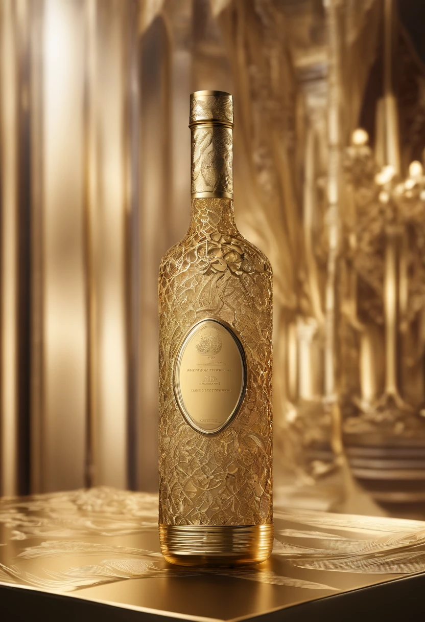 Alcohol advertising,High-end bottled wine,Simple,atmospurate,Fine,Golden yellow tones predominate,gold filigree,The contents contain the outer bottle