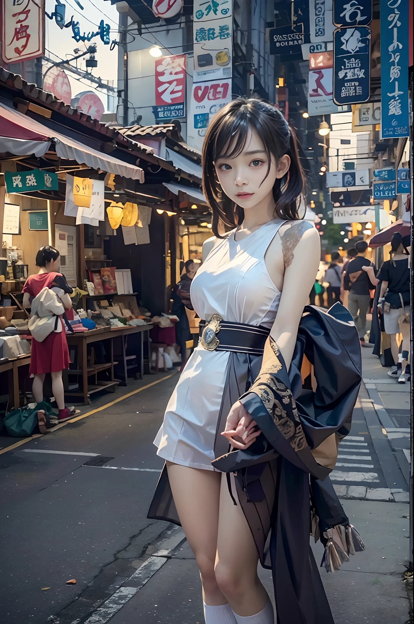 (Front Focus)、(ultra-detailliert、16 K、Raw photo: 1.6)、Portrait of a hyperrealist woman、Fantasia 、art by、photoRealstic、Dynamic lighting、Volume Lighting、extra detailed face、女の子1人、、eye glass(White ONE PIECE DRESS、Back exposure、Exposed shoulders、Looking Back 1.5:)Perspective from behind、Lots of street stalls、夏天、In the Dark、natta