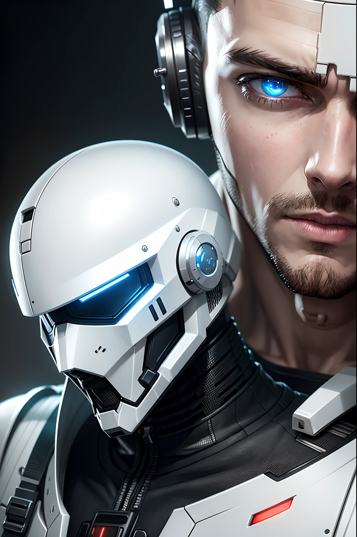 Realistic white combat android in an advanced cybernetic suit with cyberpunk technological helmet and visor