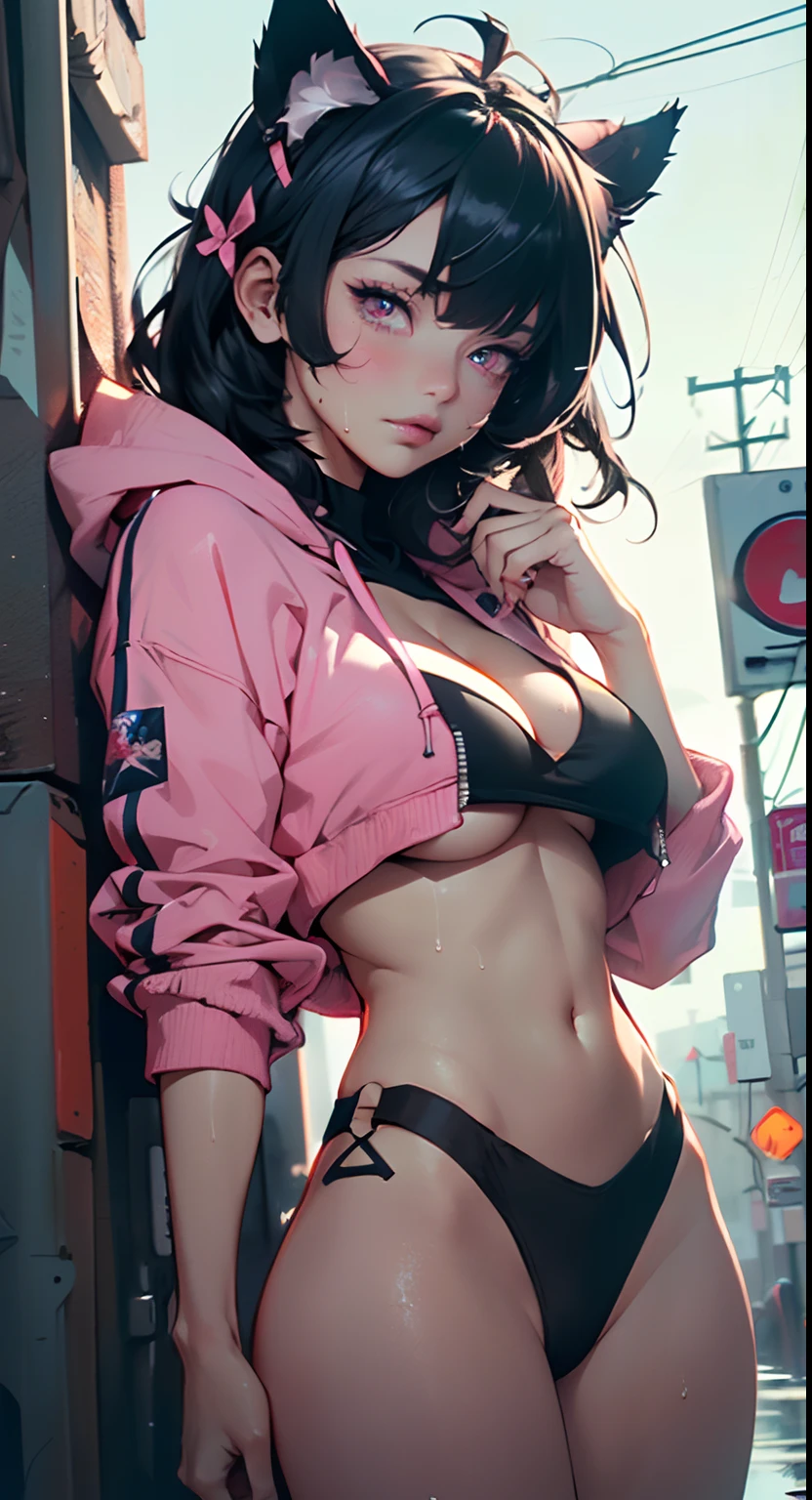 girl spacepunk,(((1girl))),((beautiful girl with bright and luminous cat ears)),

(large breasts:1.4),saggy breasts,((((black hair,black messy hair,colored inner hair,large hair,absurdly long unkempt hair:1.35,long black hair,ear breathing)))),((((cat ears,cat ears on head,big cat ears, glowing cat ears:1.5)))),(((pink eyes:1.3,upturned eyes:1.3,perfect eyes,beautiful detailed eyes,finely detailed beautiful eyes:1,symmetrical eyes:1,vibrant color eyes:1.5))),((fat)),(((lustrous skin:1.5,bright skin: 1.5,skin tanned,shiny skin,very shiny skin,shiny body,plastic glitter skin,exaggerated shiny skin, illuminated skin, wet legs))),(spider lower abdomen,narrow waist,wide hip,athletic body,inflated legs,delicate detailed fingers,detailed body,human hands,(detailed face)),

cute,slutty,seductive,erotic,(((nsfw))),

zettai ryouiki,revealing clothing,show skin,((((underboob)))),(cleavage),(semi-naked,with little clothing,((tiny thong)),bare legs,visible thong straps),((((crop top hoodie,cropped hoodie,hoodie,hoodie intricate)))),((wet clothes,detailed outfit,detailed clothes)),

(dynamic pose:1.0),solo focus,embarrassed,(centered,scale to fit dimensions,Rule of thirds),

cyberpunk city by the ocean at night, with bright neon signs and dark stormy clouds and puddles,

High resolution, sharp focus, (ultra detailed, extremely detailed), (photorealistic artwork:1.37), 8k wallpaper,((synthwave background theme)),((vibrant colors)),(intricate),masterpiece,(best quality),