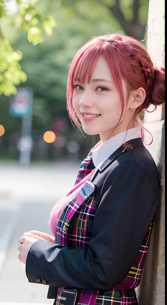 (ultra-detailliert), Tartan check jacket,high-school uniform、Blue eyes,The upper part of the body、cowboy shot、faces、(A smile:1.5),(facing front:1.2), 20yr old, s girl,no tail,(no tail),2D, masterpiece, top-quality, animesque, A detailed eye, A detailed face, girl with, Only 1 person,Medium hair with pink hair, (Pink hair), Ear Hair, small tits, Single braid, (Single braid), (Side braid), Pink ribbon, Ribbon around the neck, Background bokeh