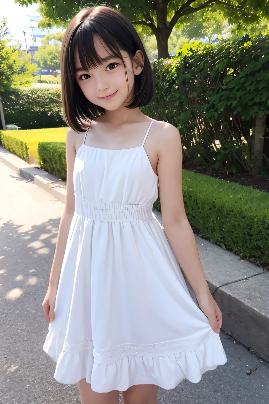 hight resolution, Best Quality, Detailed face, AW photo high ,Facing the front、From eye level、((Pretty))、lovely、 lofty nose、Smile, small tits、 a park, Realistic face, (())、Smile, a park, Low contrast, Soft cinematic light, a beauty girl, short-hair, bobhair、 Cute face, Smile, Black hair, 13 year oldmale children))、Summer, Dress, Simple white dress, Dynamic Side ,Perfect 、detailed hairs, (1girl in )、looking at the viewers,Body in front