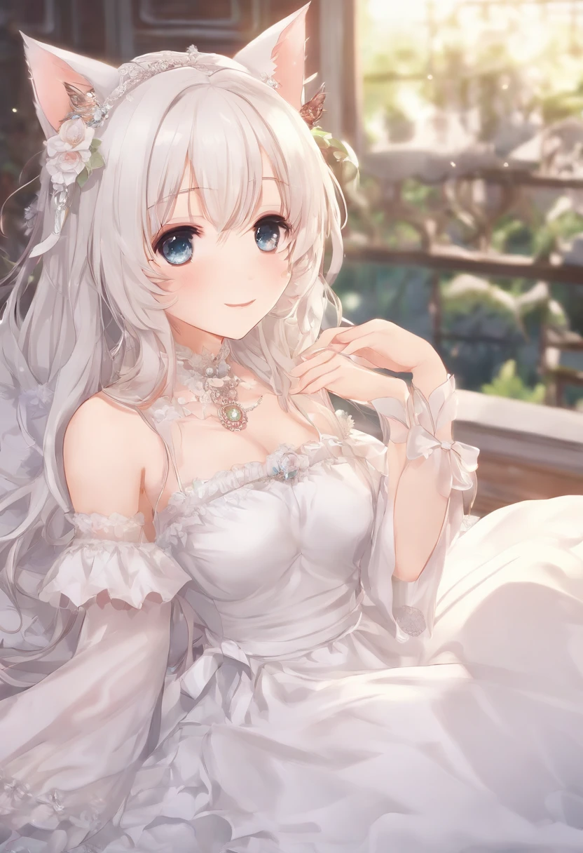 Long-haired anime girl sitting on bed, Cat ears, From the girl front, Cute anime waifu wearing beautiful clothes, seductive anime girls, White-haired deity, Exquisite details. loli in dress, Anime 4K ,Wallpapers