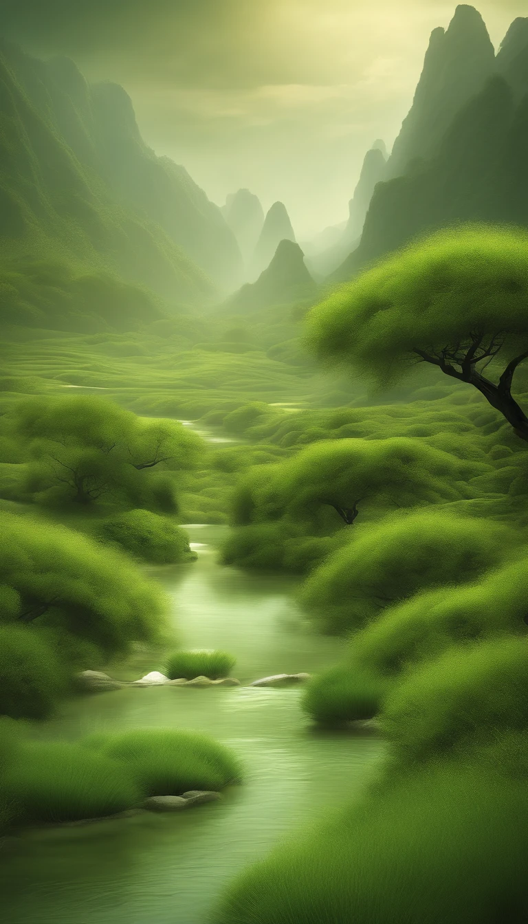 Flowing landscape Flowing landscape Flowing landscape Song dynasty fine brushstrokes Landscape painting rendered in cinema 4D Organic Flow Forms Gothic landforms and landforms Light green and white Mediterranean landscape Fluid formation