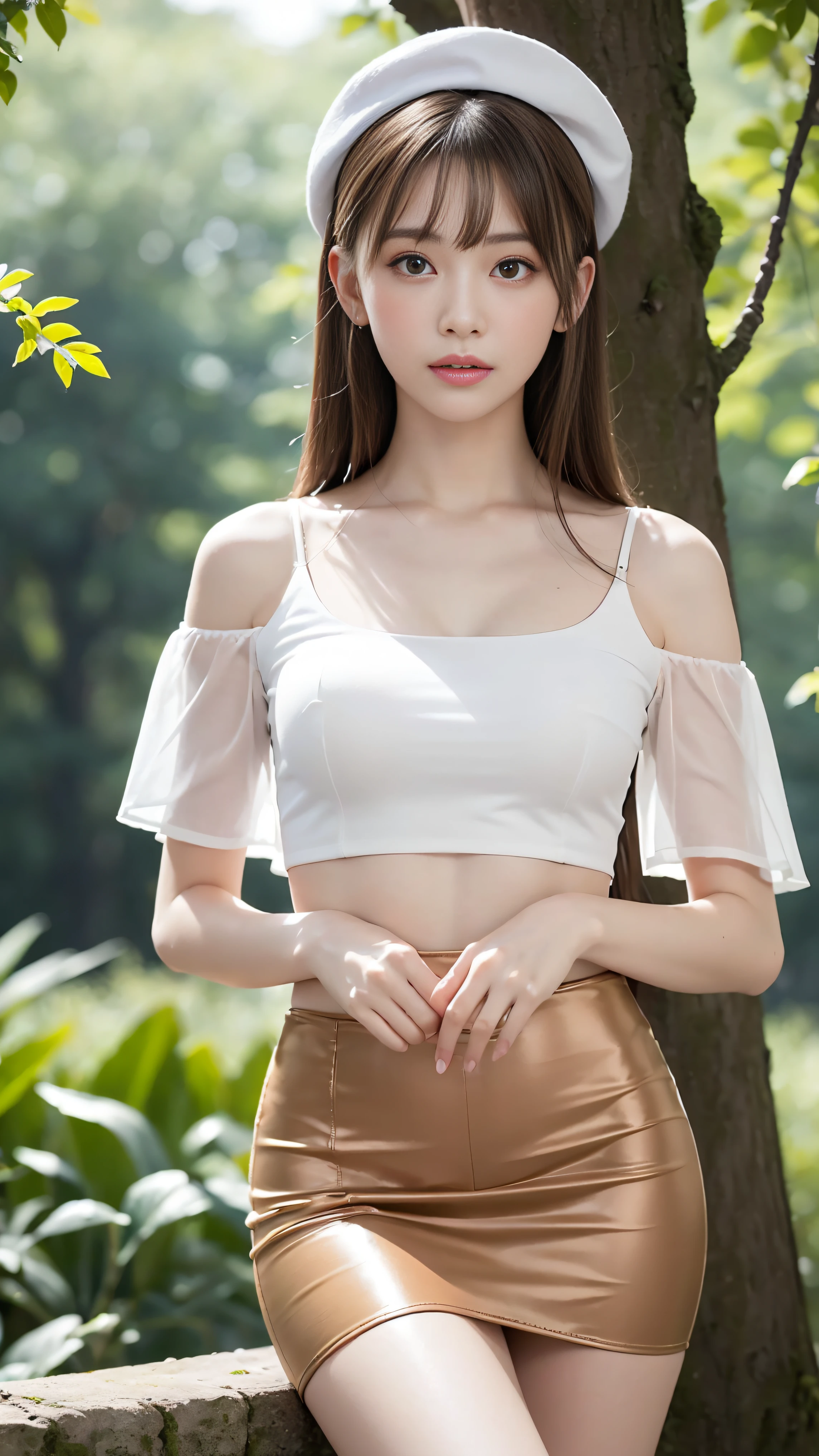 (Best Quality, 8K, masutepiece, Ultra HD: 1.3), 1girl in, agalactia ,light brown hair, Blunt bangs, hair behind ear, hair over shoulder, Long hair,  slender body shape, Ultra Fine Face, Delicate lips, Beautiful eyes, Double eyelids, lipsticks, thin blush ,eyes are light brown ,perfect glossy skin,flawless skin　fair white skin ,Glistening sweat,View here, Ultra-thin hands, Ultra-fine fingers,  best ratio four finger and one thumb, (realisitic:1.3),Finger Extensions, the see-through white shirt, White see-through tight skirt , Slender and beautiful legs ,a white choker,Low Heels. bamboo forrest