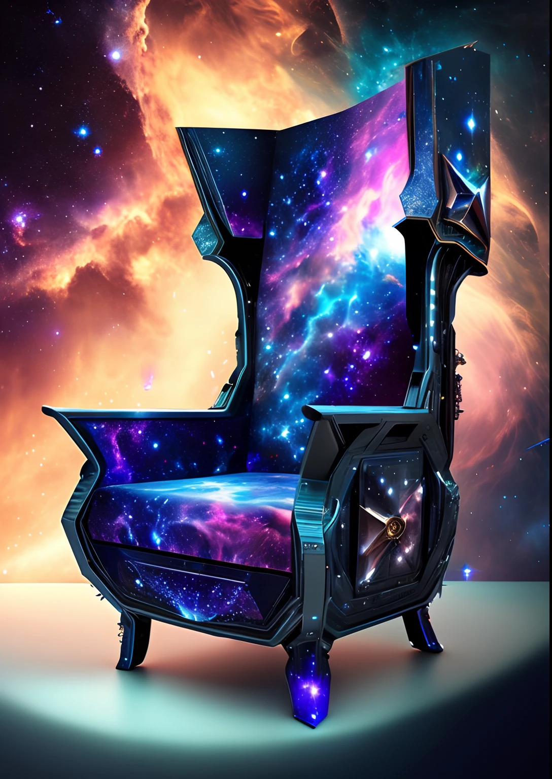 dreamlikeart, galaxy, outer space, nebula, star, [cyberpunked] Chair from the stars. (star:1.5),