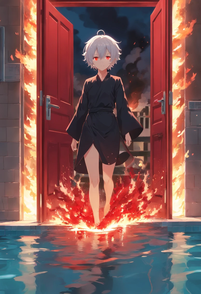 Um jovem homem adolescente com grande, curly white hair with red eyes black clothes with blood on top of a pool of blood with bodies in front of it a large red door on fire