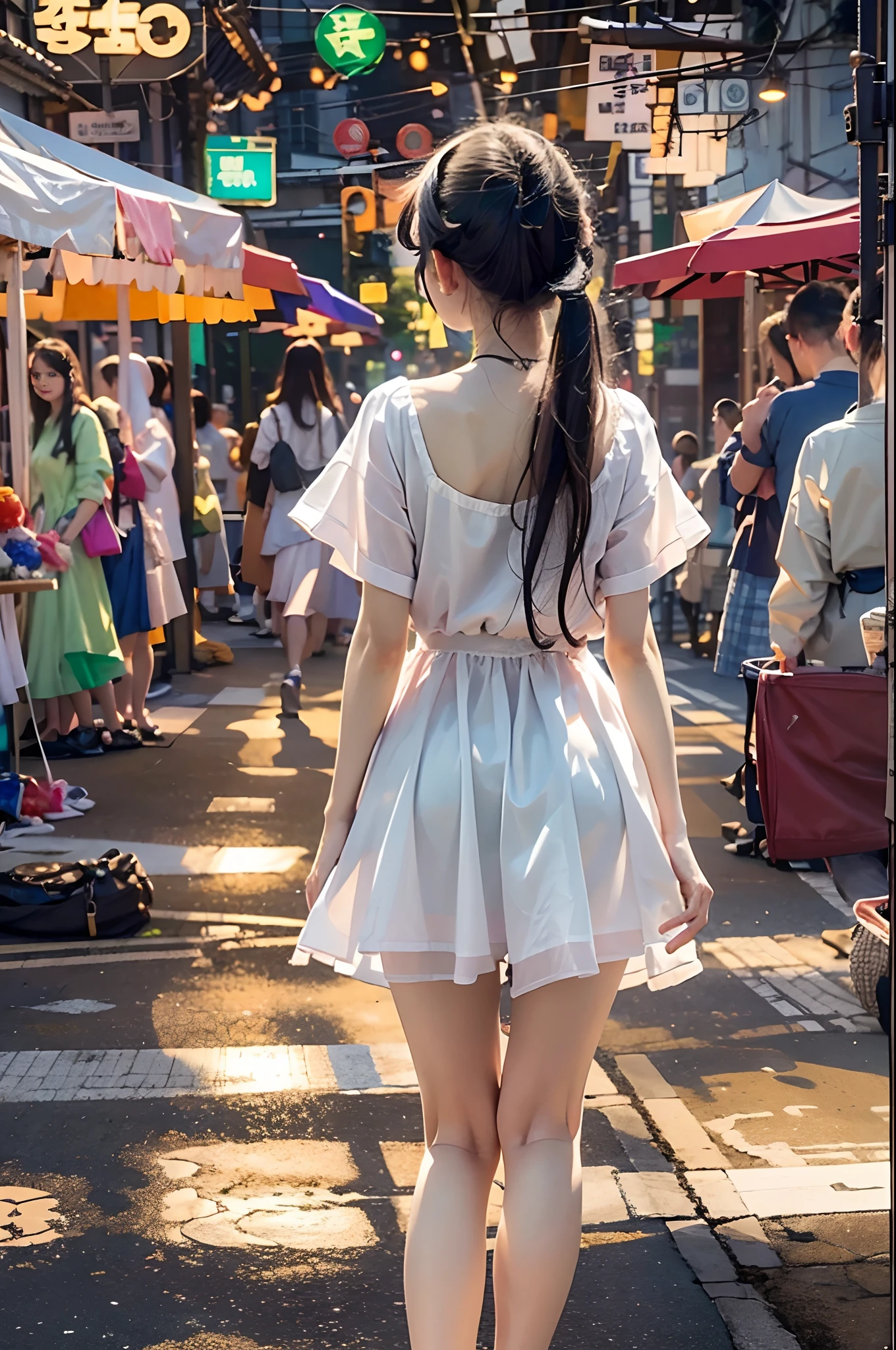 (Front Focus)、(ultra-detailliert、16 K、Raw photo: 1.6)、Portrait of a hyperrealist woman、Fantasia 、art by、photoRealstic、Dynamic lighting、Volume Lighting、extra detailed face、女の子1人、sixteen years old、eye glass(White ONE PIECE DRESS、Back exposure、Exposed shoulders、Looking Back 1.5:)Perspective from behind、Lots of street stalls、夏天、In the Dark、natta