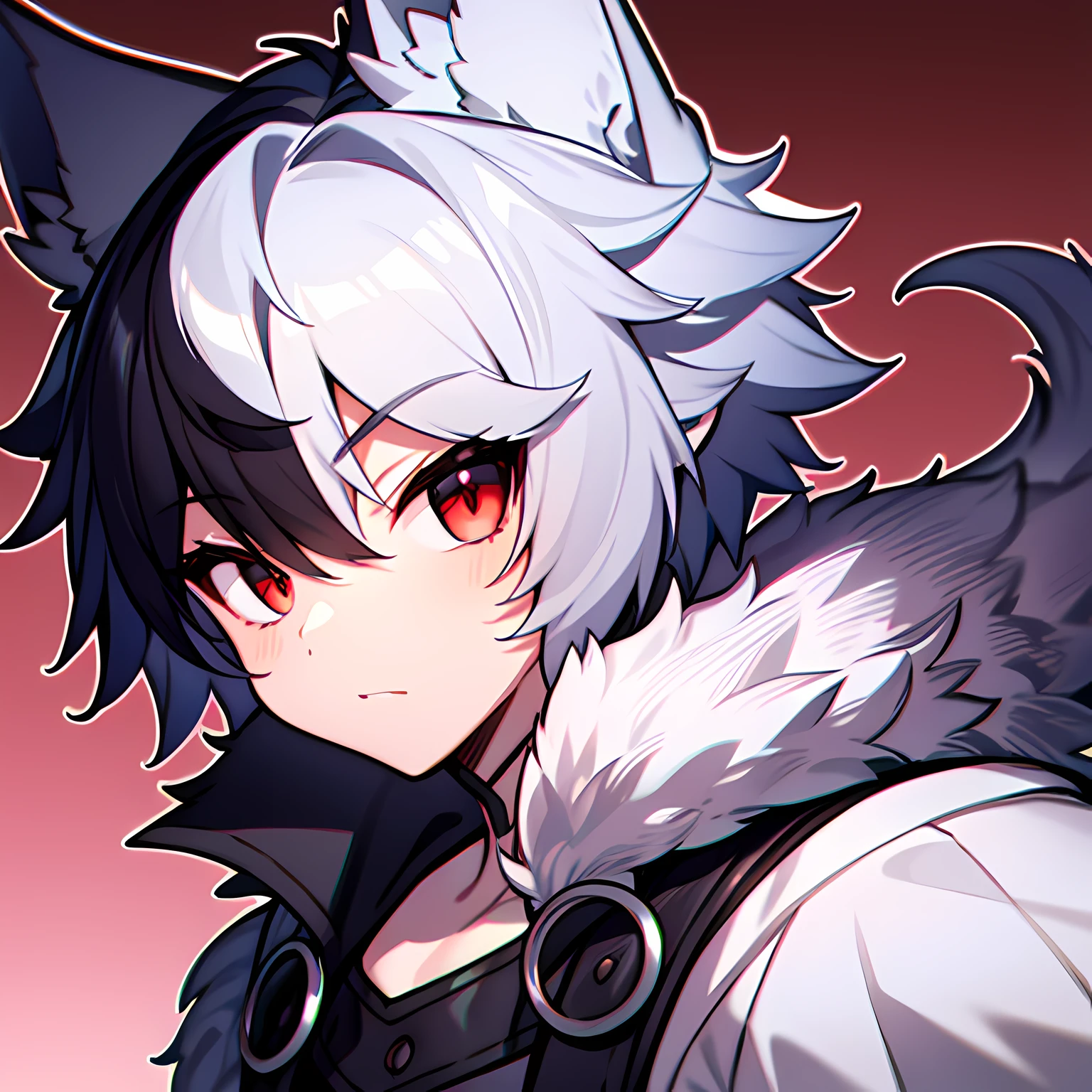 A boy with short fluffy hair and red eyes, with a wolf-like characteristics,