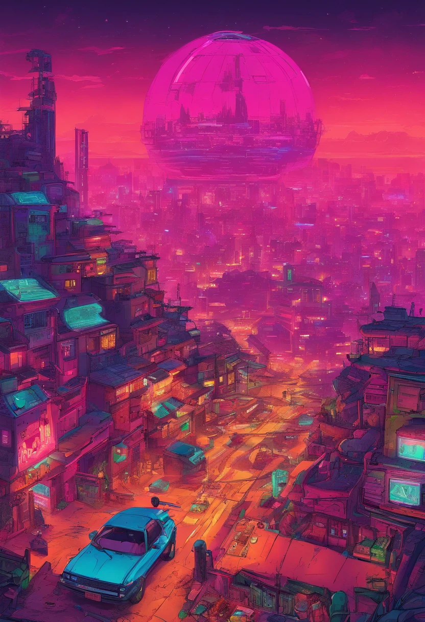 A dark punk favela and in the background a gigantic dome that houses a futuristic city