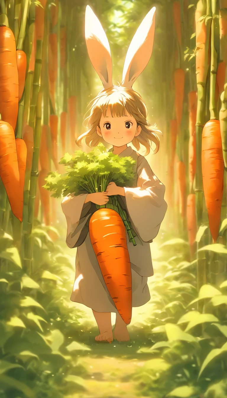 A little girl with rabbit ears holds a giant carrot,In the vegetable garden,The little boy carried a bamboo basket,The bamboo basket was filled with carrots,There are also some small white rabbits in the vegetable garden,Illustration Japanese manga style,The light is gentle,The little boy is full of energy,Japanese healing system