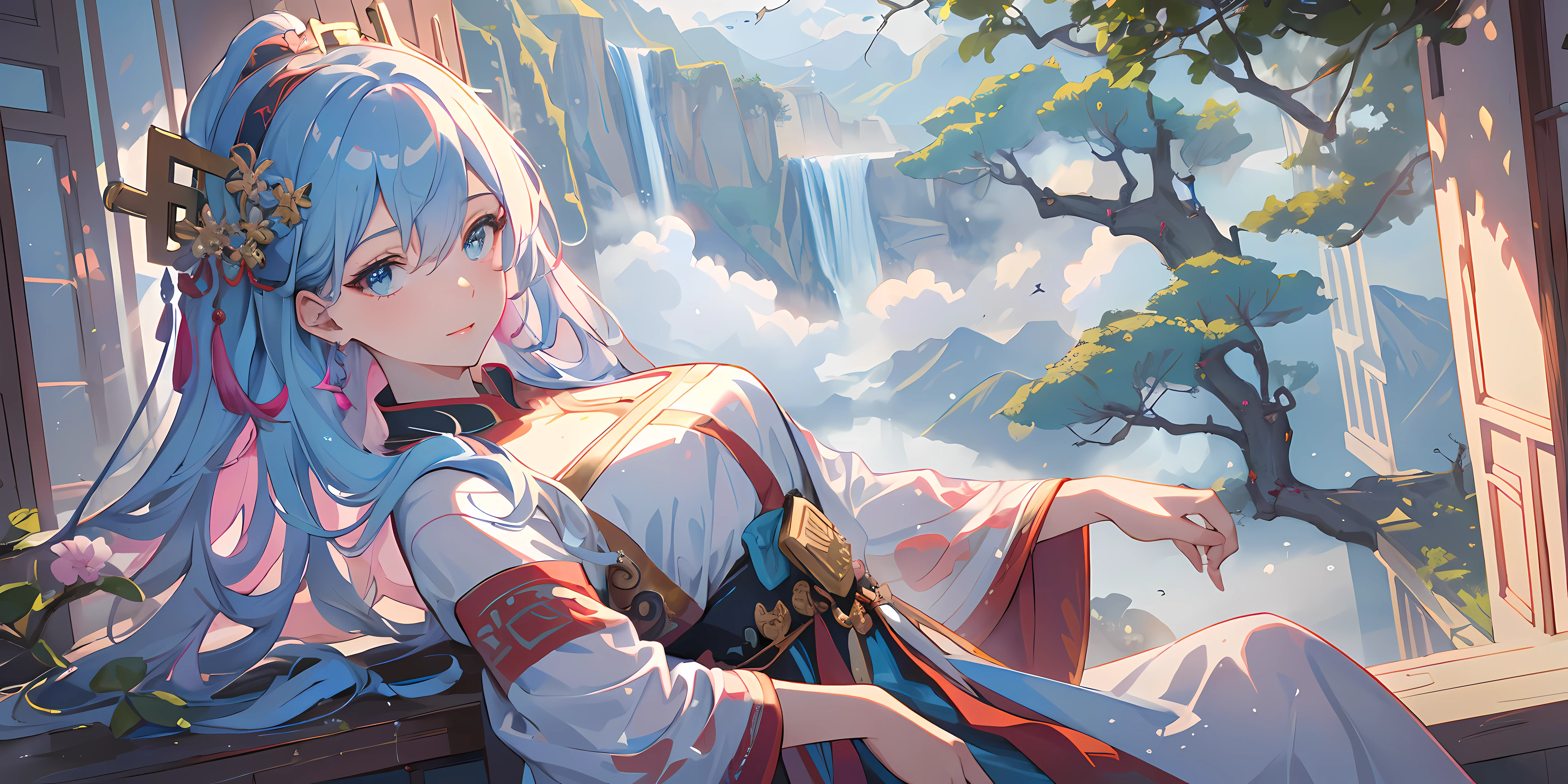 (best quality,4k,highres,masterpiece:1.2),ultra-detailed,realistic,a girl playing the game in an ancient Chinese palace floating above the clouds, surrounded by mist and clouds, glazed tiles reflecting vibrant colors, a waterfall cascading down from one side of the palace.