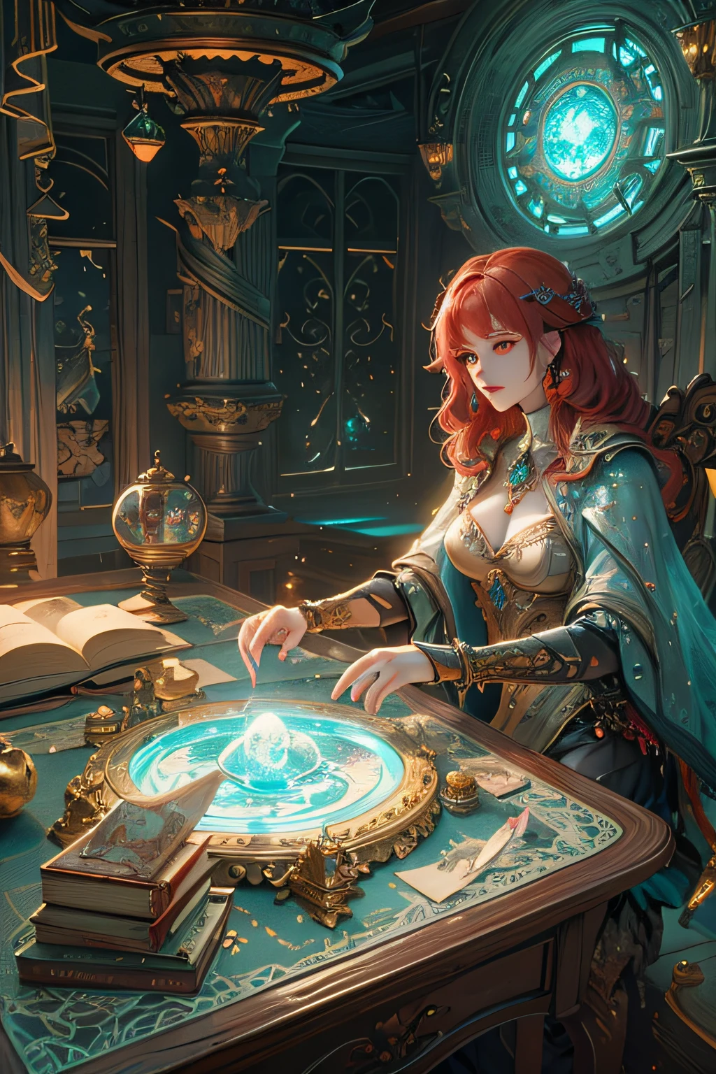 arafed, High details, Best quality, 16k, [best detail], Masterpiece, Best quality, (Extremely detailed), View from the rear (best detail, Masterpiece, Best quality), Photorealistic, Fantasy art, RPG art, A picture of a human witch sitting in a magic laboratory, Divination of distant places in her crystal ball, Epic beautiful human woman (best detail, Masterpiece, Best quality), hyperdetailed face (best detail, Masterpiece, Best quality), Red hair, Short hair, Red eyes, Dynamic fantasy costumes (best detail, Masterpiece, Best quality), Magic Library, With many books, and magic runes and guards, Glowing Arcane Symbols Glowing Runes_pale-blue, crystal sphere (best detail, Masterpiece, Best quality) On a table, Rune on the crystal ball Glowing runes_Yellow, Fantasy magic library background (best detail, Masterpiece, Best quality), Ultra-wide angle, High detail, Award-Awarded, Best quality, HD, 16k, 3D rendering of, High details, Best quality, A high resolution, ultra-wide-angle, 3D rendering of, [[Anatomically correct]]