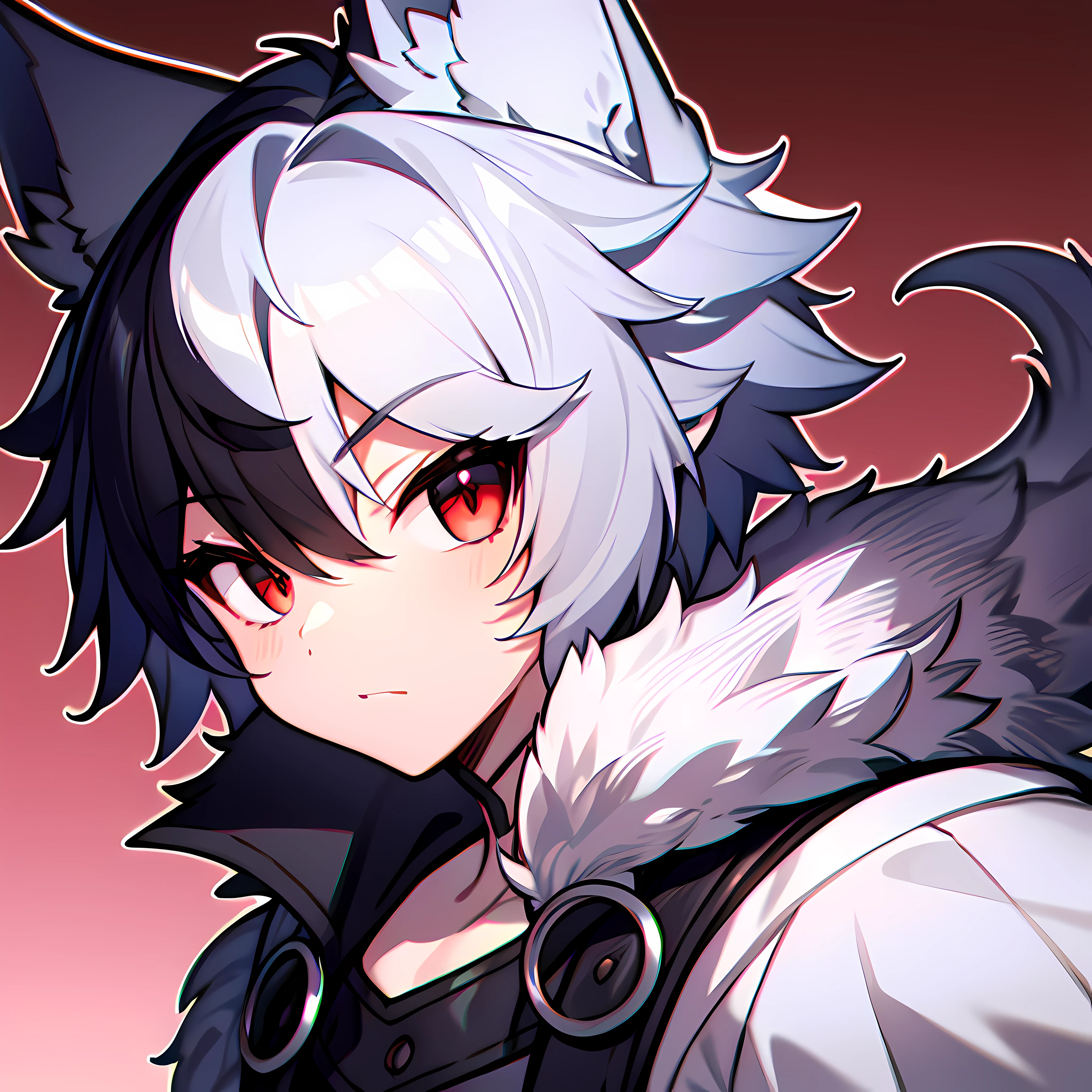 A boy with short fluffy hair and red eyes, with a wolf-like characteristics,