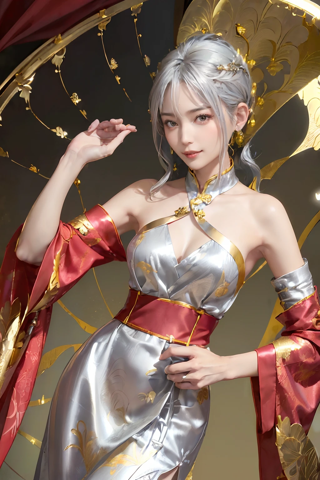 ((top-quality、8K、​masterpiece:1.3)), (Cute pattern of gold leaf,  Delicate workmanship, hair adornments, Red shiny cloth:1.4, qipao dress:1.5), Clear, Fine-grained skin、Beautiful clear eyes、cleavage of the breast、Carefree and natural smile、(Medium bob,Silver hair:1.5)、(Hair disheveled in the wind:1.3)、、Beautiful girl with a smile、(thin-waist:1.3)、(Dynamic and provocative poses:1.2)、