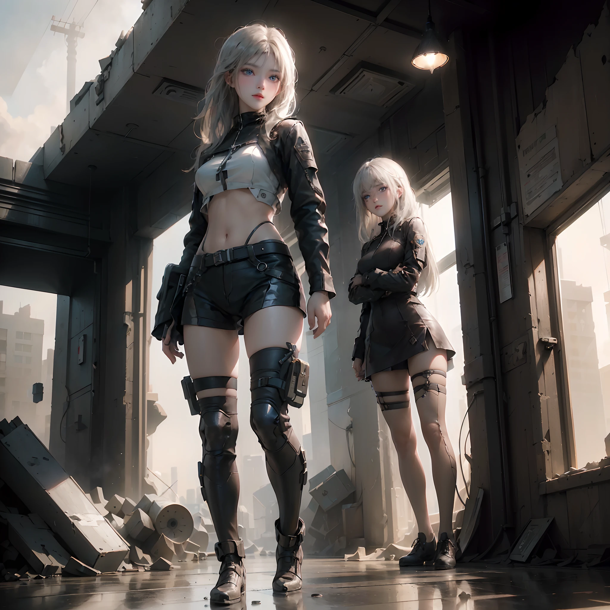 ((top-quality)), (((​masterpiece)), (detaileds: 1.4), 3D, Beautiful Cyberpunk Woman Image, bob cuts, Broken black tights, leather clothes, Electromechanical, nffsw(HighDynamicRange), Ray traching, NVIDIA RTX, Hyper-Resolution, Unreal 5, Sub-surface scattering, PBR Texture, Postprocess, Anisotropy Filtering, depth of fields, Maximum sharpness and acutance, Multilayer Texture, Albedo and Highlight Maps, Surface Coloring, Accurate simulation of light-material interactions, perfectly proportions、octane renderings、two tone lighting、Large aperture、Low ISO、White Balance、thirds rule、8K Raw、​masterpiece、top-quality、(8k extremely detailed CG unit wallpaper)(top-quality)、(The best illustrations)、(Best Shadows), innocent blue eyes, long hair, big titt