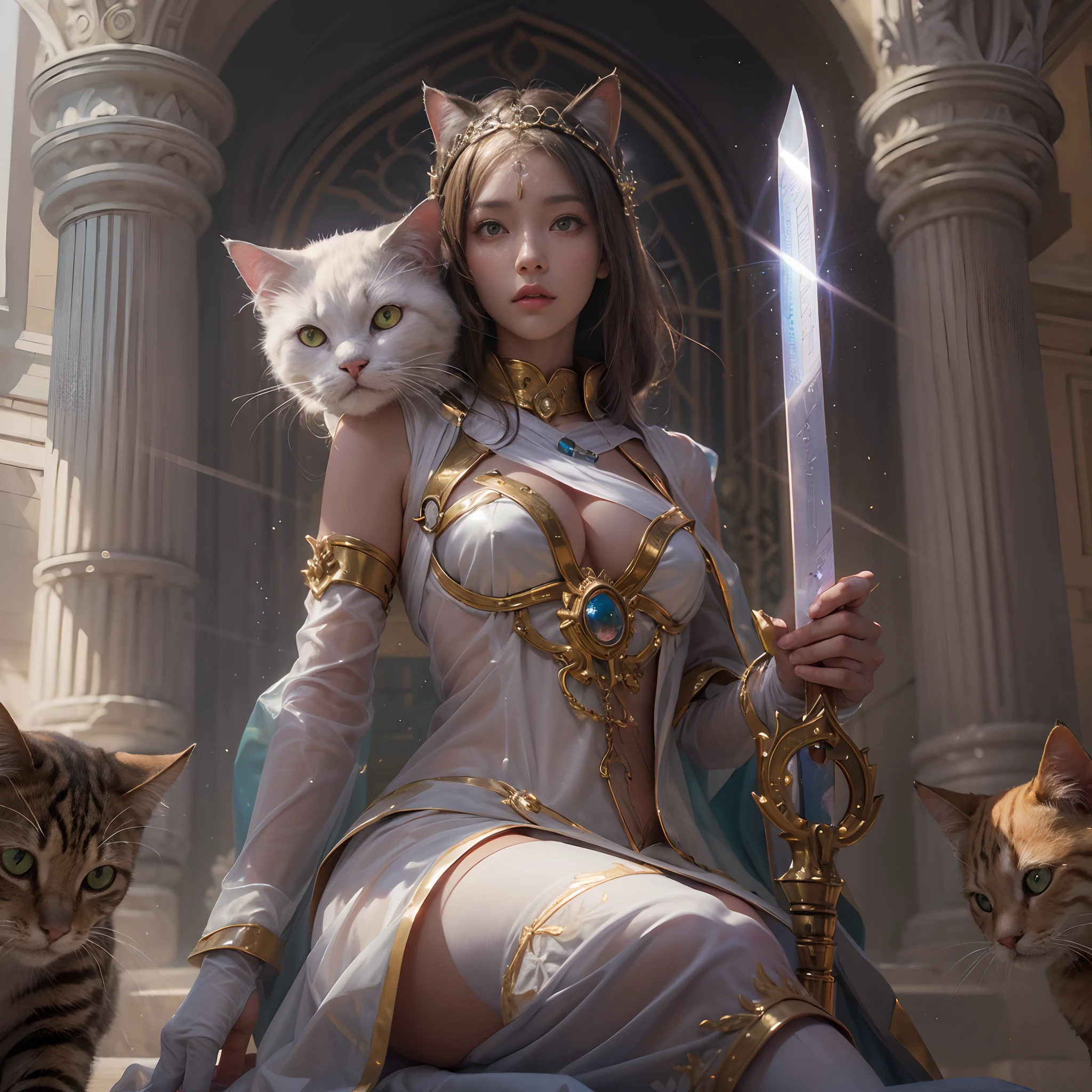(((nffsw))), (((masutepiece))), (((8K))), (((hight resolution))), (((surrealism))), (((Cinematic lighting))), god rays, Zoom Layer, (((FULL BODYSHOT))), F/4.0, canon, Shiny skin,Detailed skin,Detailed face, Detailed eyes, Goddess of cat Charmers, Sharp eye light, See-through elegant dress, , Goddess cat Tiara, riding a huge cat, Feet exposed, chat Shield, cat Sword