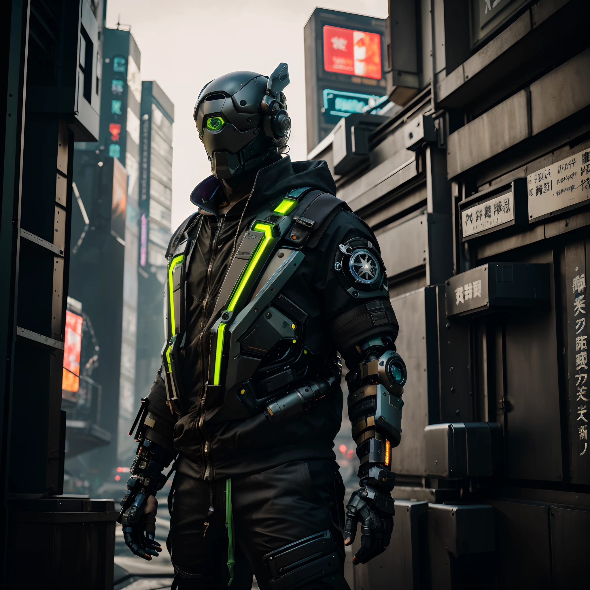 masutepiece, Realistic DSLR Photo Debakero Mecha, Black and green suit with backpack on his back, Cyberpunk asymmetric streetwear, Traje Oversized Cyberpunk, Cyberpunk Street Goon, Use of cyberpunk, Techware Cyberpunk, muted cyberpunk style, Wear futuristic cyberpunk style streetwear, Cyberpunk soldiers of the future, Mercenaries of the future, Street atmosphere, dangerous, ghetto, hyper-realistic cyberpunk style, japanse, ronin,  All loose black clothes, Hoodie hood over cyber helmet,  Crow in Cyber Armor, mechanical arms, Robotic arm, cyborgs, Sibelkasco HUD, Advanced Technology, Hi-Tech. futuristic, imposing, aggressive, Worn-out clothes, coercion, muscular, Octane Render, 4K, Maya, substance, 电影灯光, Sci-Fi Scene, Better Quality, nffsw, autofocus, Take Nitida, sunset light, Mysterious cyborg mercenaries from a cyberpunk future, drama, Convoluted, no humans, droid, cyborgs, mercenaries, Siberkasco, SUCK!,