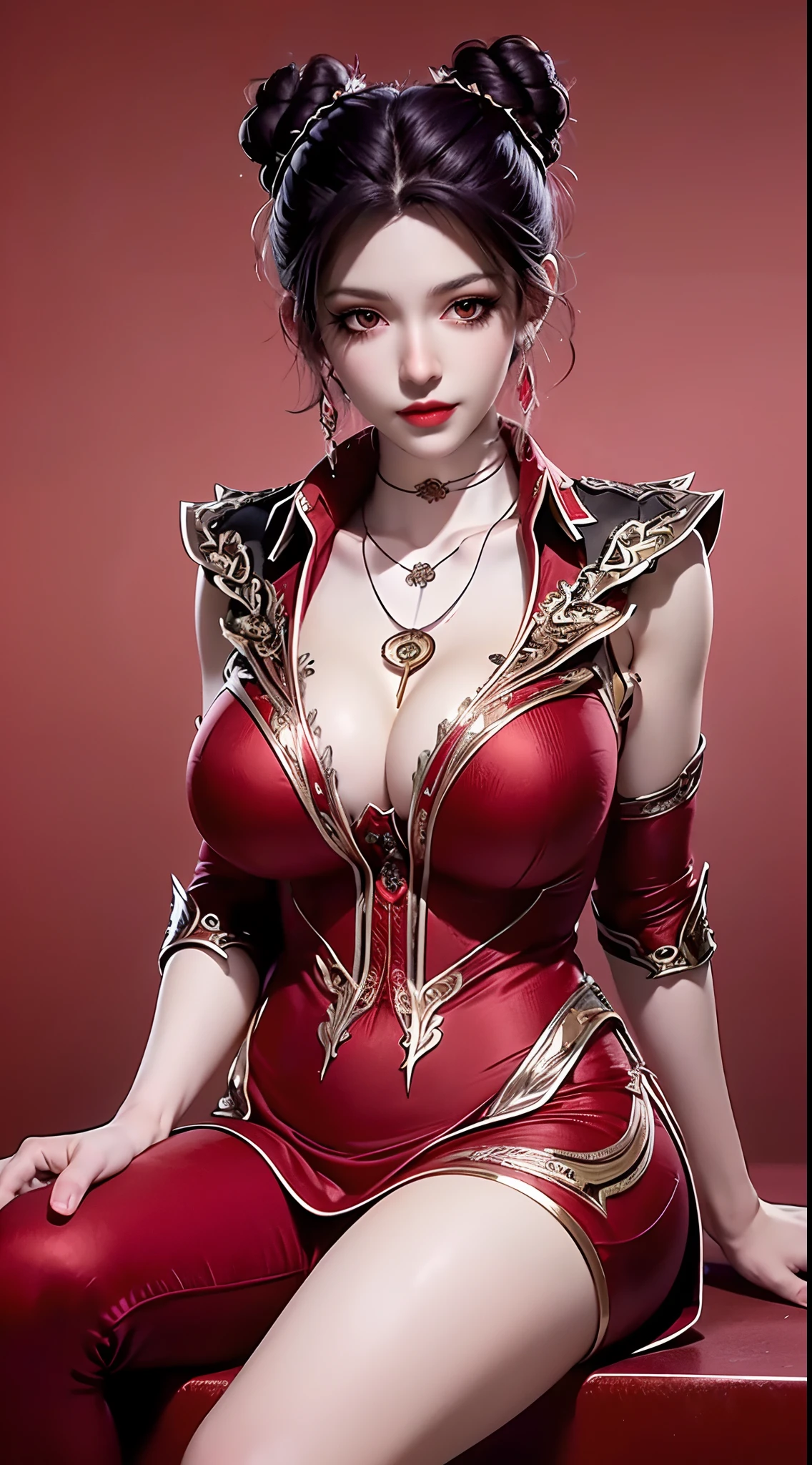 1 beautiful and sexy 20 year old girl, ((wearing a red suit of ancient armor:1.6)), dress with diamonds, ((long purple-black hair:1.6)), bangs, elaborate jewelry made from stones noble and beautiful hair, ((wearing a black lace necklace:1.4))), noble, noble style of an extremely beautiful girl, super cute little face, very pretty face, fur thin eyebrows, flawless beautiful face, ((black eye pupils: 0.8)), very beautiful eyes, ((black eyes: 1.6)), beautiful makeup and detailed hairdo, eyelashes, eye makeup wet, high nose, earrings, red lips, ((closed mouth: 1;5 )) beautiful lips, slim hands, ((arms spread out to the sides: 1.5)), rosy face, clean face, flawless beautiful face, smooth white skin, (big breasts: 1.5)), ((high breasts: 1.6)), firm breasts, nice cleavage, (((big and super round breasts: 1.8))) , ((super firm breasts: 1.7)) , beautiful breasts, perfect body, (((sitting position, leaning back and hands behind: 1.5))), ((chest puffed out: 1.5)) , don't be shy, 8k photos, super high quality, super realistic, super 10x pixels, optical, bright studio, bright edges, two-tone lighting, (high detail skin:1.2), super 8k, soft lighting , high quality, volumetric light, optical, optical high resolution, light, best photo, 4k, 8k quality, blur effect, smooth sharpness, 10 x pixels, ((flower red background:1.5)), aurora, lightning, super realistic graphics, most realistic graphics, alone, solo, Extremely sharp, surreal images, (((frontal portrait: 1.4)))."