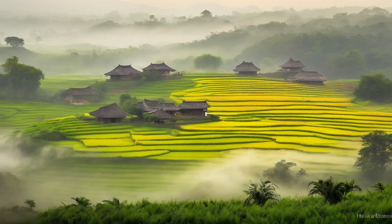 Large expanses of terraced fields, mountains, huts, with rice fields, rice fields, neat rice seedlings in the fields, misty rain, villages, agriculture, in the tranquil landscape, misty weather, in the vast tranquil landscape, in the early morning, in the morning mist, behind a small village, mist, Japanese countryside, thatched roofs --v 6