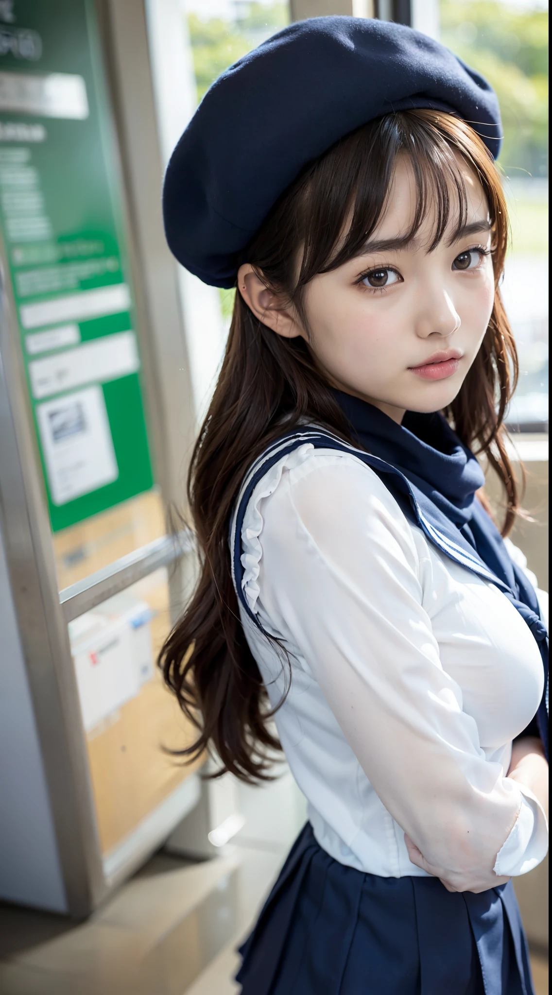 mix4, (16 K, Raw photography, Top image quality, ​masterpiece: 1.45), (realisitic, Photorealsitic: 1.37), one girls, 7．5, etc、No skin exposure due to clothing、well maintained、Random hairstyle、Standing figure，Morning time slot、a very cute,, profetional lighting, photon maping、physically-based renderingt, Gradient dark brown hair,Crisp backgrounds and high resolution, a handsome, Well-groomed and beautiful eyes、Large double eyelids、Very shiny、girl with, (((student clothes、Long sleeve sailor suit worn by Japan schoolgirl、Navy blue sailor color、scarf、a miniskirt, Small beret、high socks、lowfers))), Top Quality Photos, hight resolution, 1080p, (clearface), (Detailed face description), (Detailed hand description), (​masterpiece), (Exquisite CG)、extreme light and shadows、dishevled hair、master work、abundant detail、(Fine facial features)、(top quality photo)、(masuter piece)、(A detailed eye)、Look in front of you、Fine clavicle、((Slender big))、(((Japan schoolgirl in sailor suit)))、((Beautiful face like an idol))、((Airport lobby、Before check-in、Airplane seen from the window))、(((neat and cute)))、耳Nipple Ring、A big smile、Drawing the whole body from the knees、Do not draw nasolabial folds、(((Cute sailor suit)))、(Big breasts that hang down big:1.2)、Big buttocks with tension、Two arms and two legs、(((from the front side:0.3)))、bare hand、No mask、