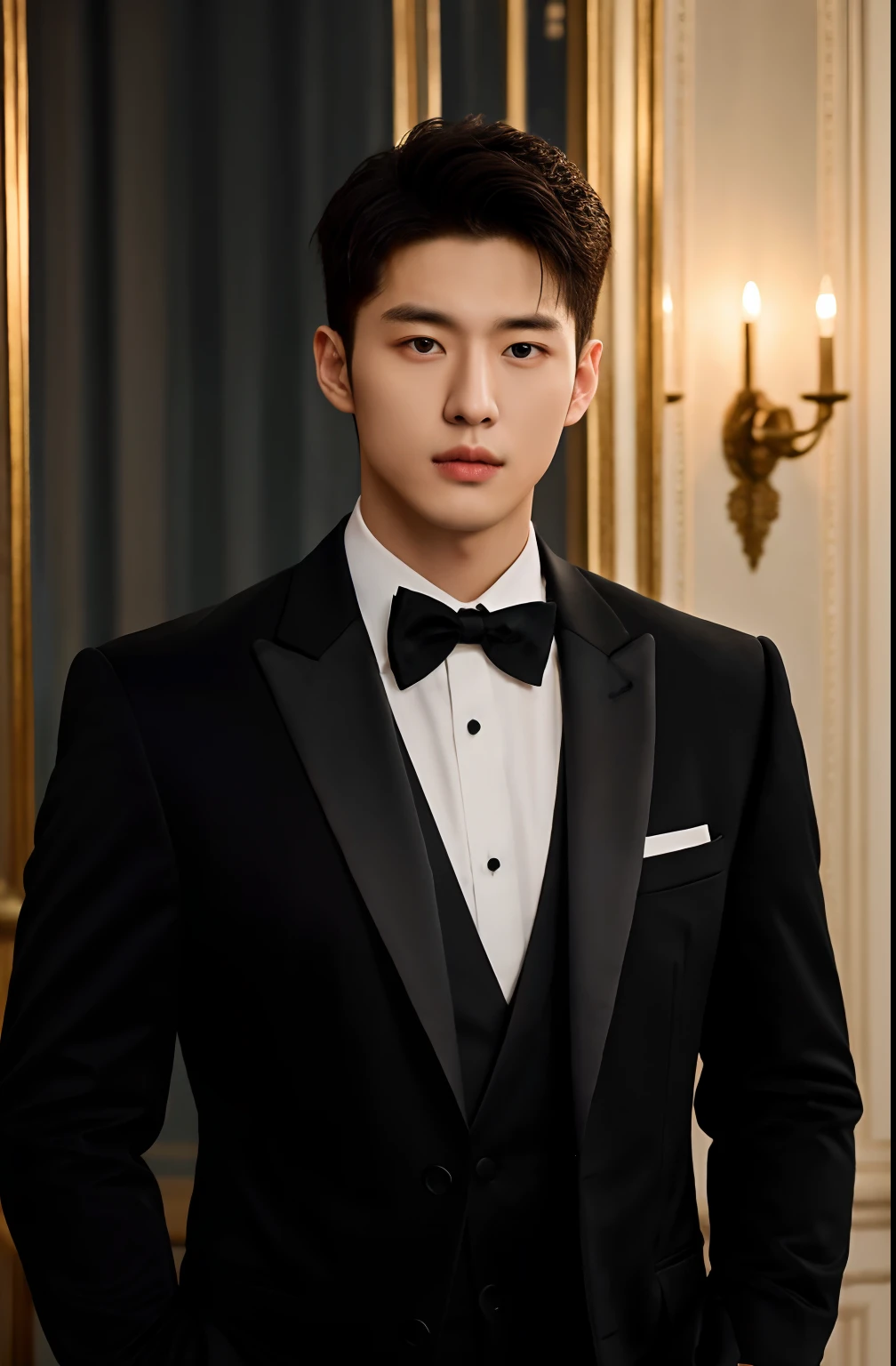 1man, a 25-year-old muscular man, wears a black suit, formal suit, soft lighting, masterpiece, best quality, 8k ultra high definition, Midjourney realisti