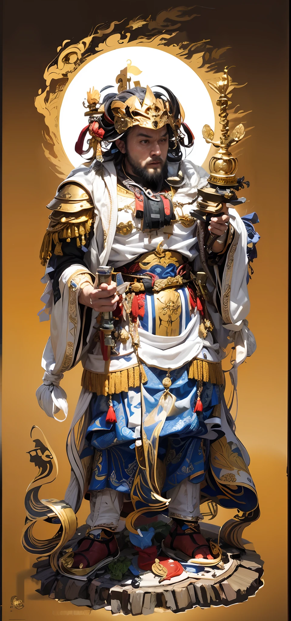 Handsome man, mythical character,King Tota,(((com um rosto quadrado))),nobles,The king,Shogun,One meter nine,small heads,long leges,Tall guy,com um rosto quadrado,Strong facial muscles,Peng Yuyan,(((little beard))),(((One hand holds a sword:1.1))),One hand to the Zhuo Pagoda:1.1))),Basketball player body proportions,Roman model,European people,looking toward the viewer,Blue pupil,The body is well-proportioned,Long legs,Straight back,Fitness trainer, stars are glamorous,(((Heads-up))),Handsome,Westerners,muscular face,Muscular body,Perfect proportions,The muscles have expressions in both eyes,King Yan Luo stared ahead,(((Golden lotus throne))),The man wears a white shirt,(((Ancient Roman clothing))),silkouette,White yarn,There are muscles,(((Ancient Roman white clothes))),Shirtless,,(((Head background with round light))),(((Behind it is the sun))),(((The man emits a bright and dazzling light))),King Yan took away the metal weapon,Take the Skeleton Staff as an example,Barefoot on both feet,Step on the nasturtium,photorealestic,professional photoshooting,Realiy,超高分辨率,tmasterpiece,
