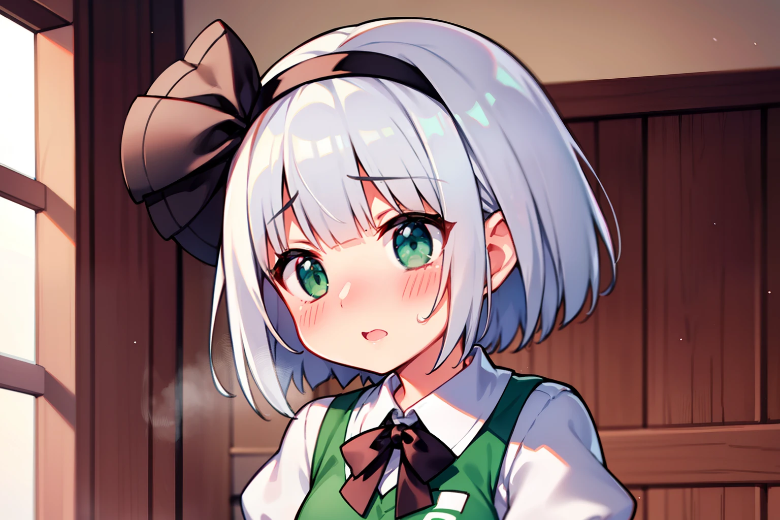 konpaku youmu、beautiful countenance、Highlights in the eyes、（embarrassed from）、with blush cheeks、shortsleeves、Petite、White hair、Green eyes、steam