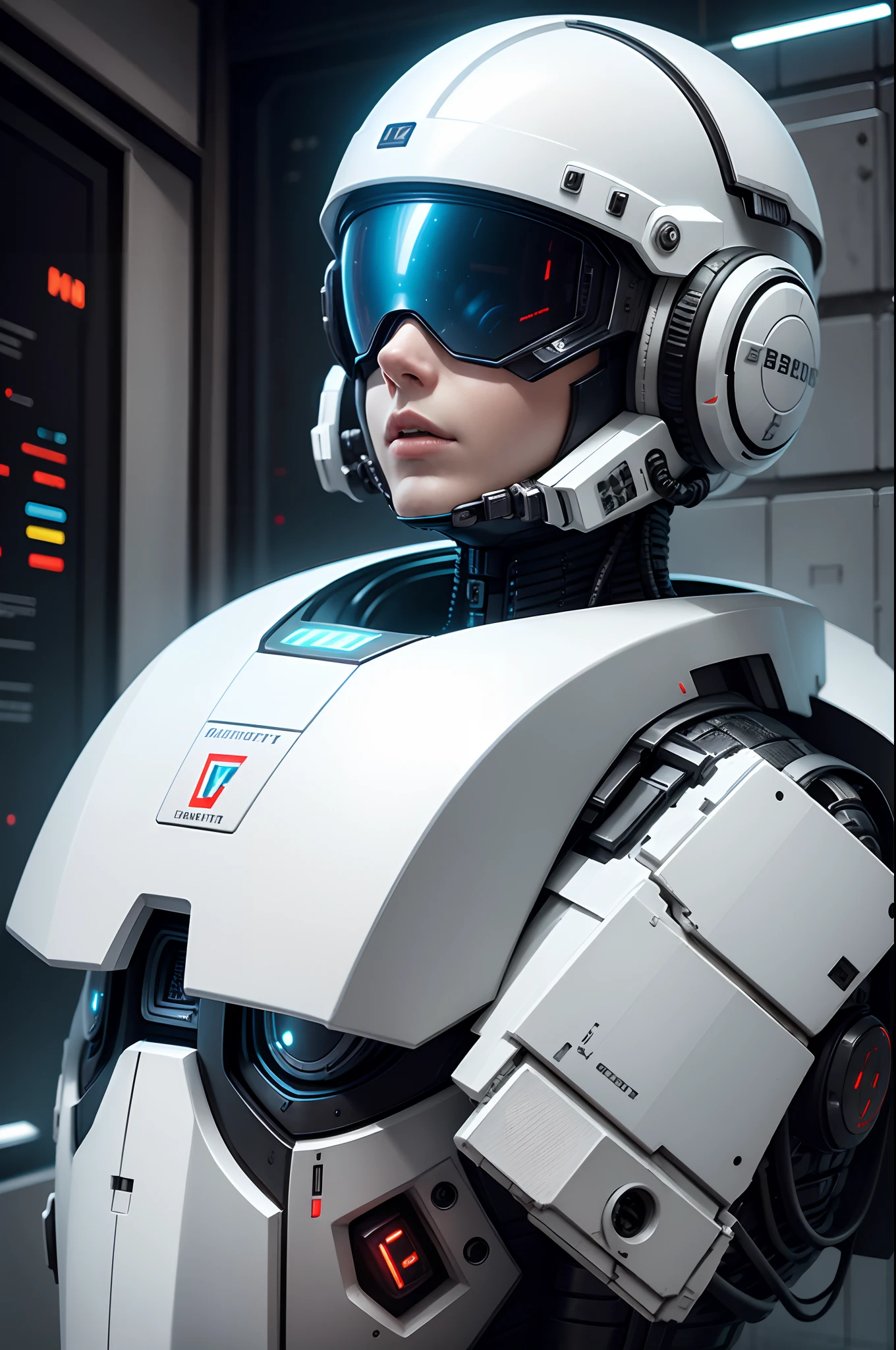 Realistic white combat android in an advanced cybernetic suit with cyberpunk technological helmet and visor