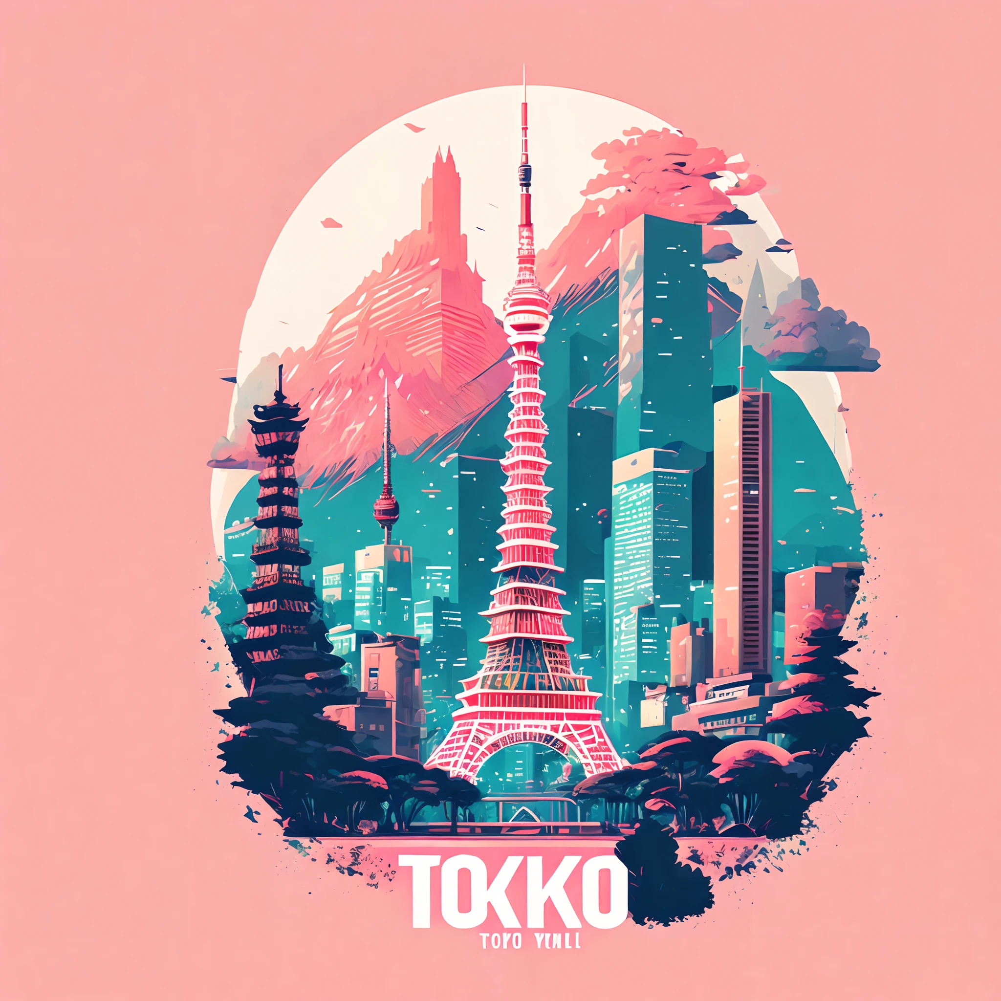 Tokyo city with Tokyo Tower, anime style, bright image, soft color, tshirt design, vector-art